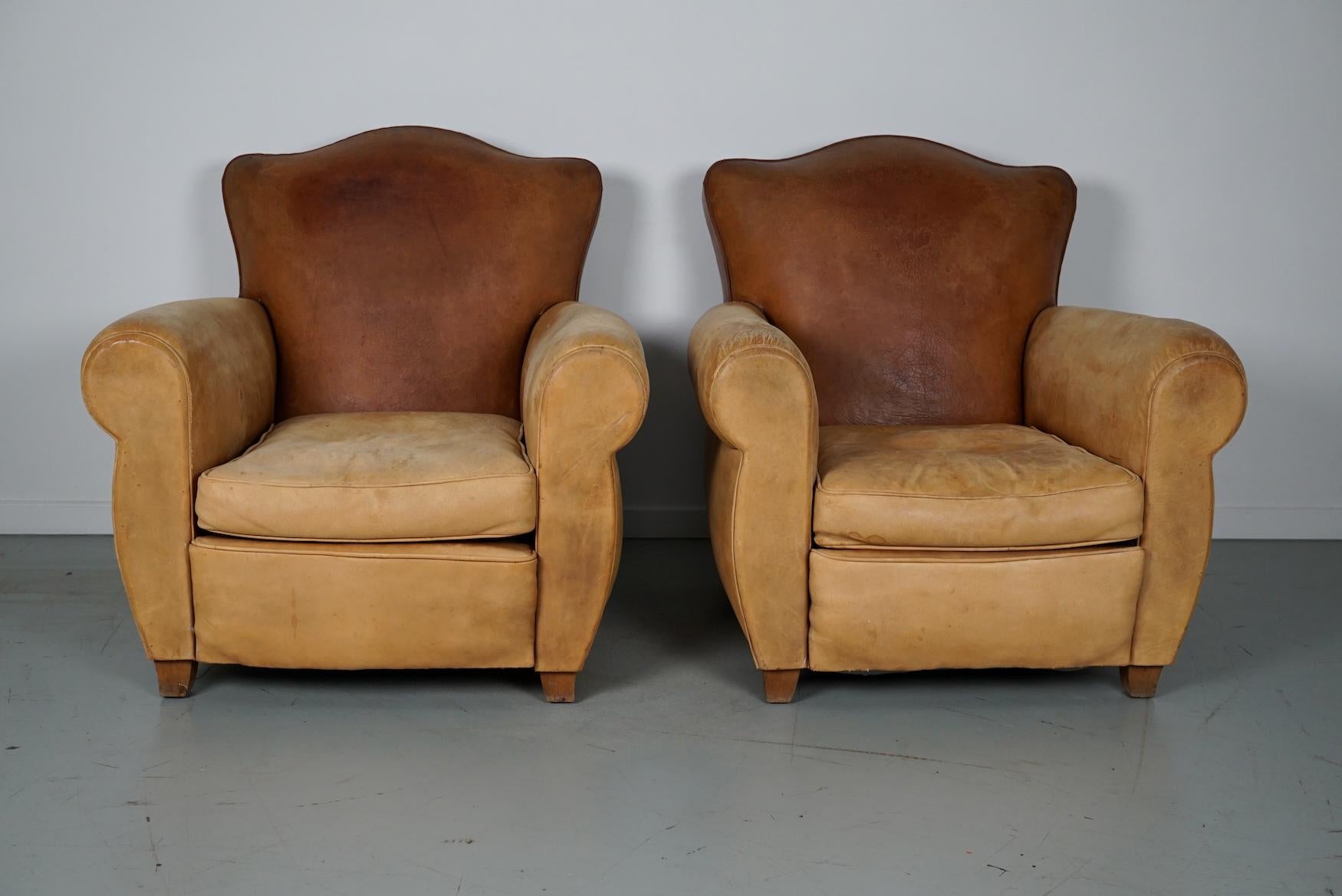 Français  Paire de fauteuils club français à dossier en cuir moustache cognac, années 1940 en vente