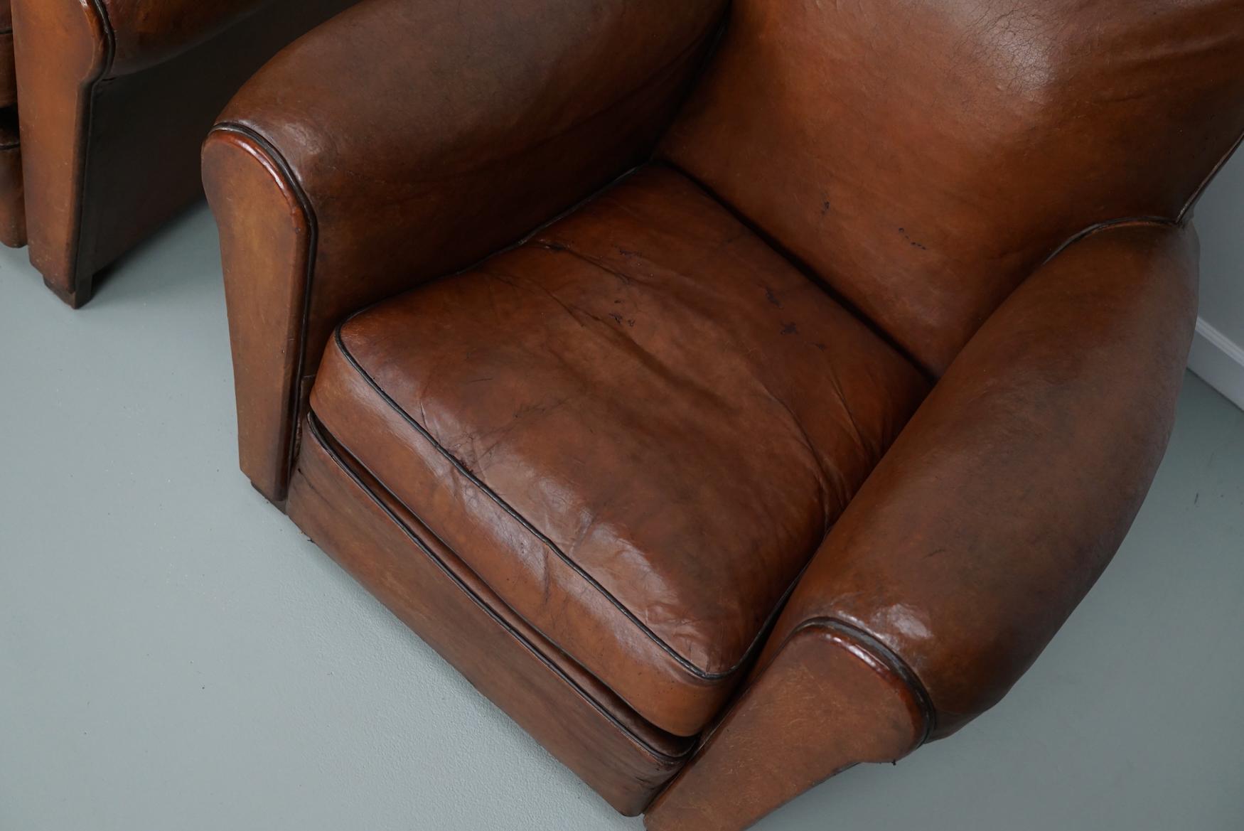 Art Deco Pair of French Cognac Moustache Back Leather Club Chairs, 1940s