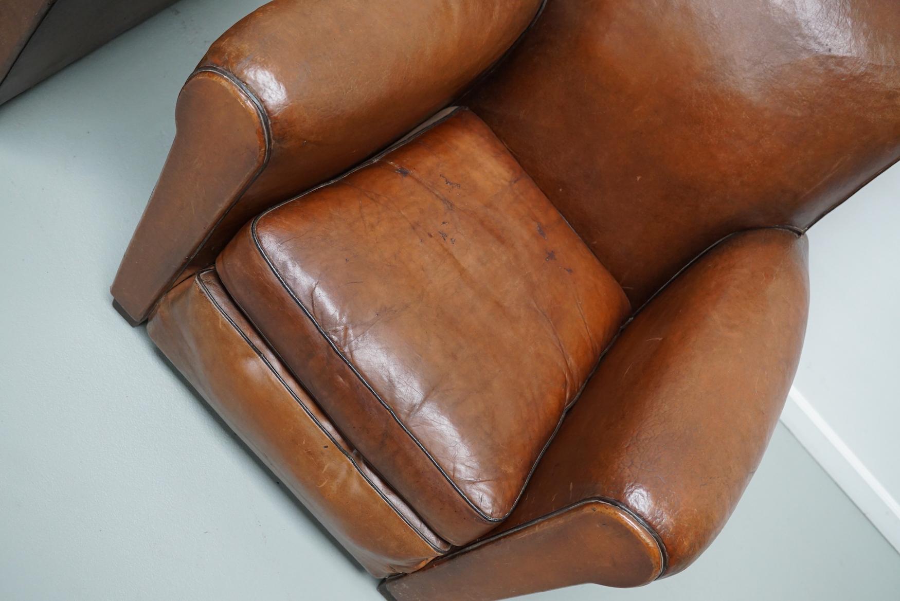 Pair of French Cognac Moustache Back Leather Club Chairs, 1940s In Good Condition For Sale In Nijmegen, NL