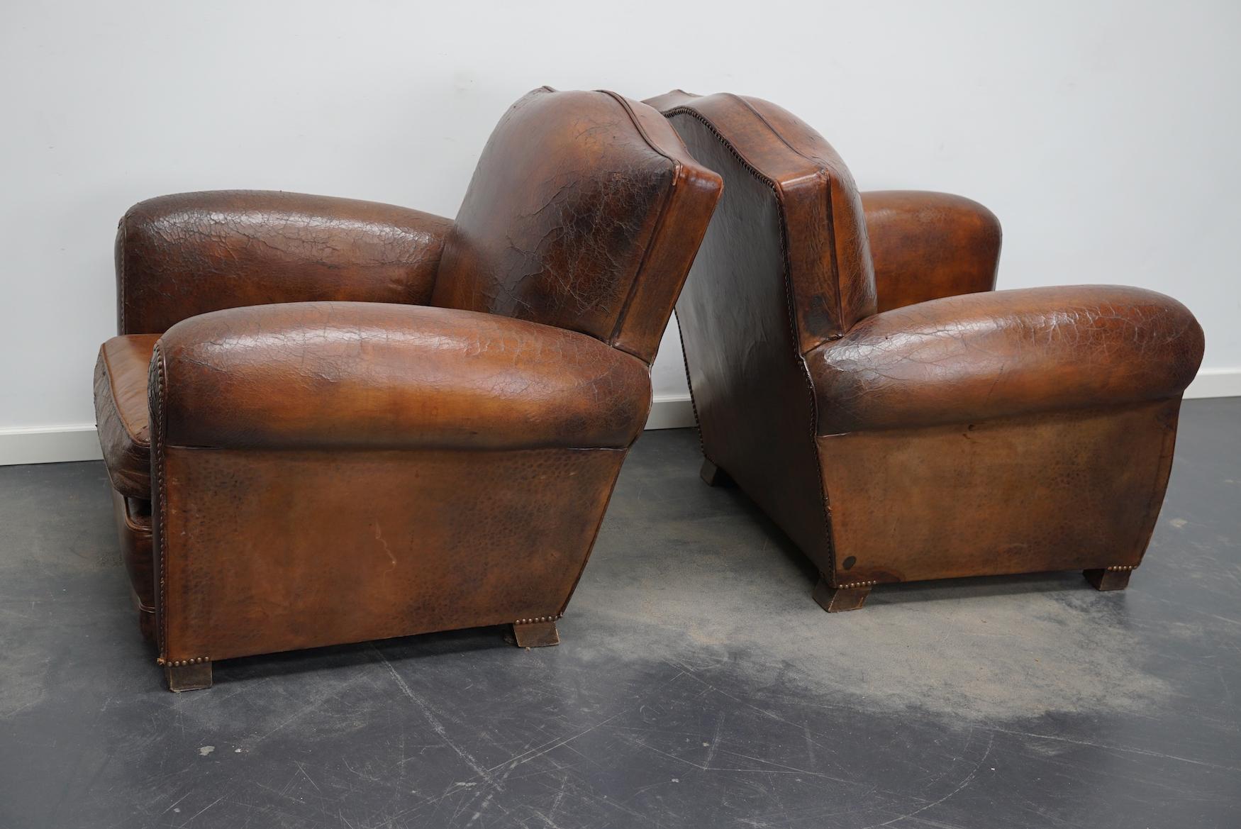 Pair of French Cognac Moustache Back Leather Club Chairs, 1940s In Good Condition In Nijmegen, NL