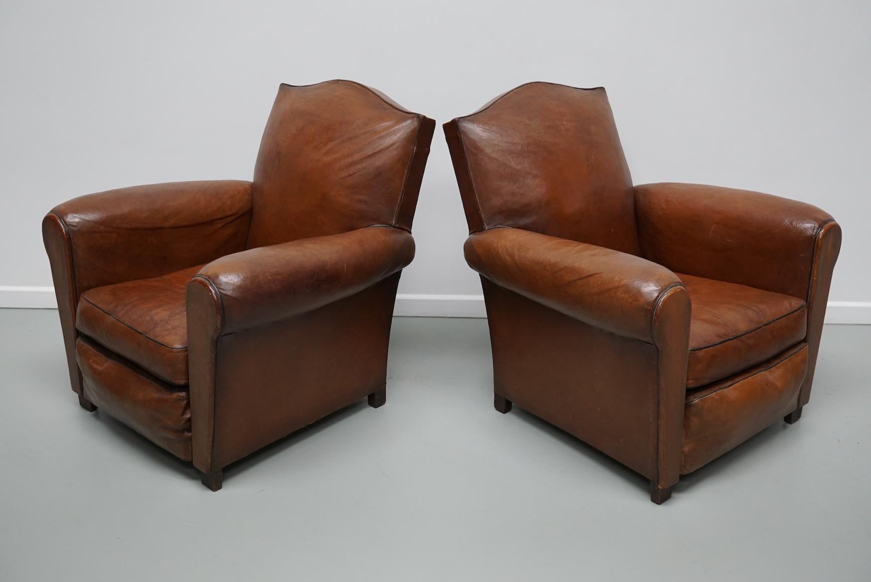 Mid-20th Century Pair of French Cognac Moustache Back Leather Club Chairs, 1940s For Sale
