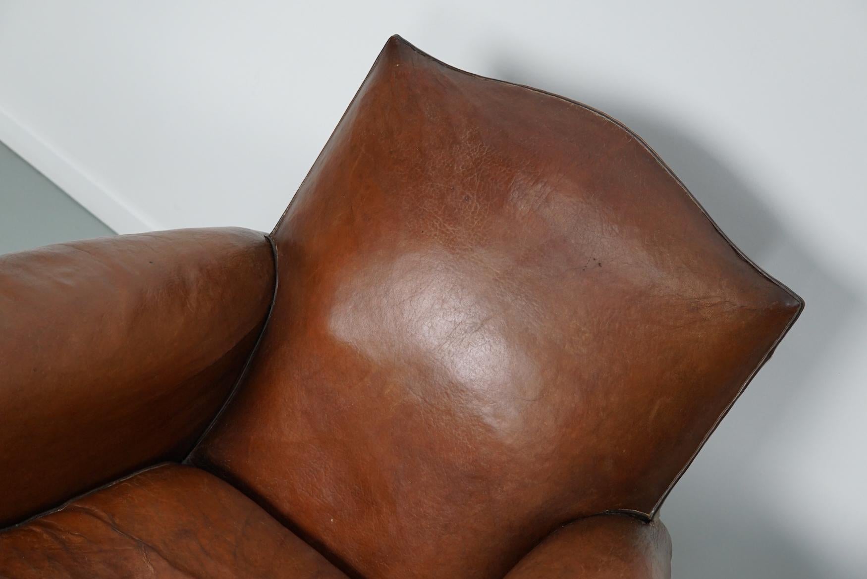 Mid-20th Century Pair of French Cognac Moustache Back Leather Club Chairs, 1940s For Sale