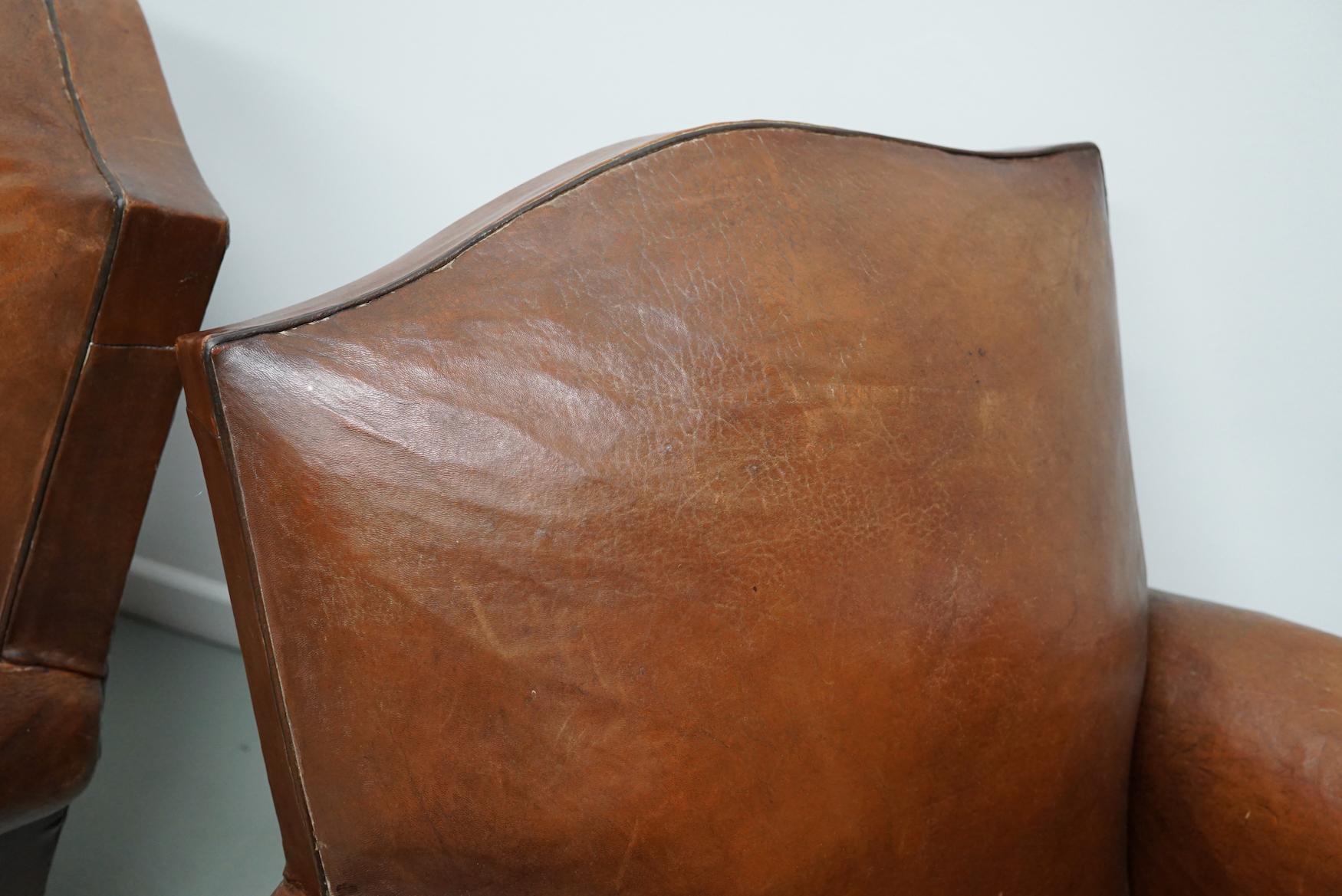 Pair of French Cognac Moustache Back Leather Club Chairs, 1940s For Sale 1