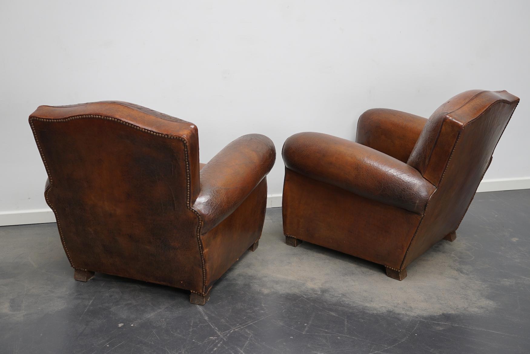 Pair of French Cognac Moustache Back Leather Club Chairs, 1940s 1