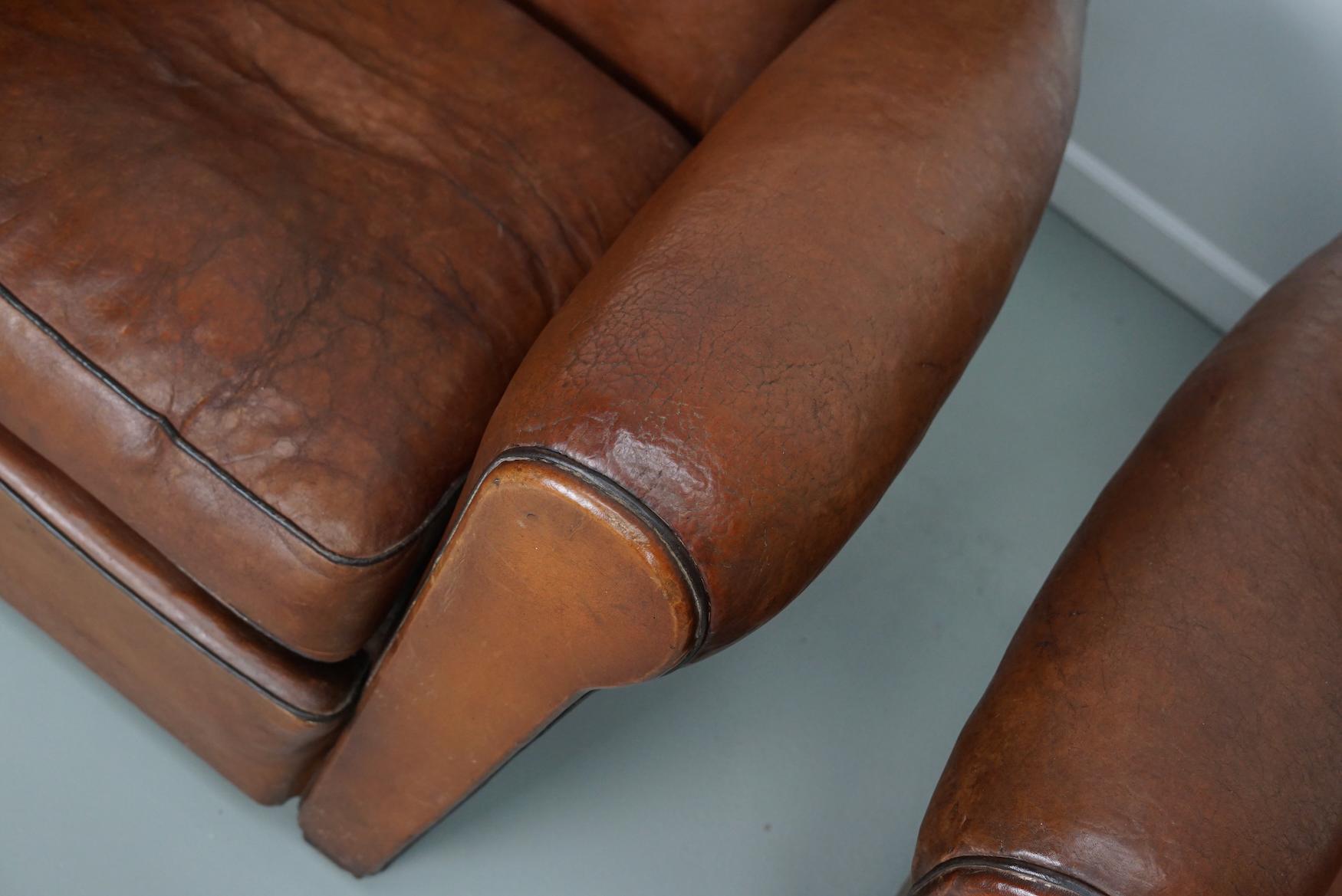 Pair of French Cognac Moustache Back Leather Club Chairs, 1940s For Sale 1