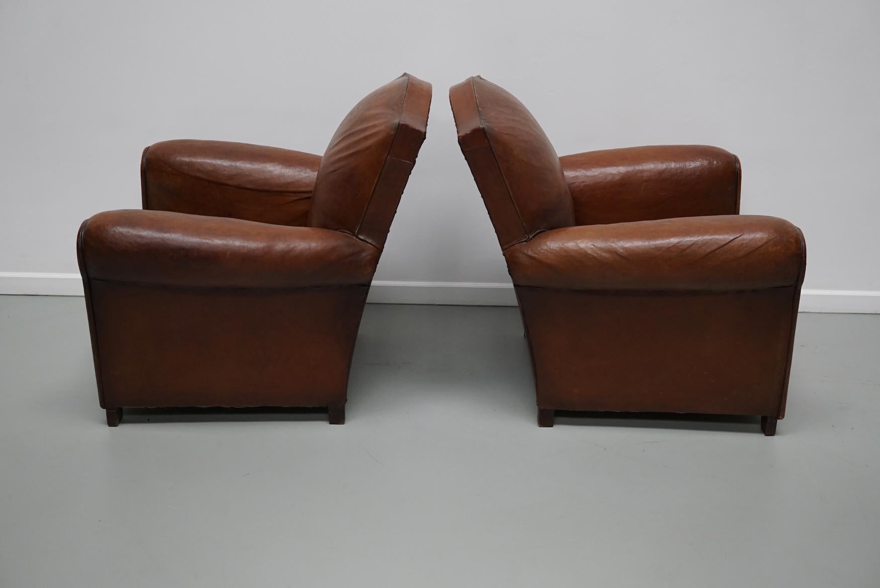 Pair of French Cognac Moustache Back Leather Club Chairs, 1940s For Sale 2