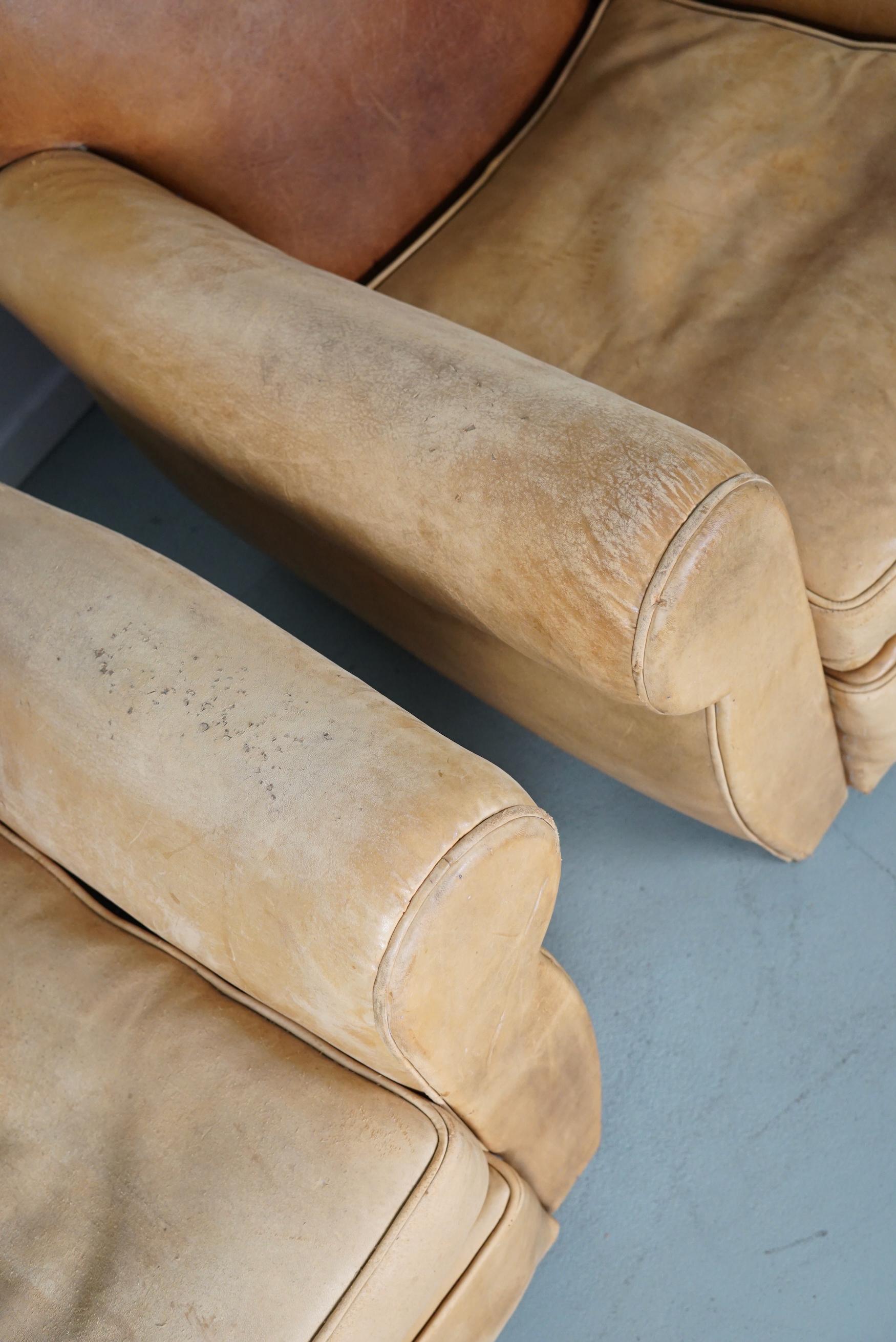 Pair of French Cognac Moustache Back Leather Club Chairs, 1940s For Sale 2