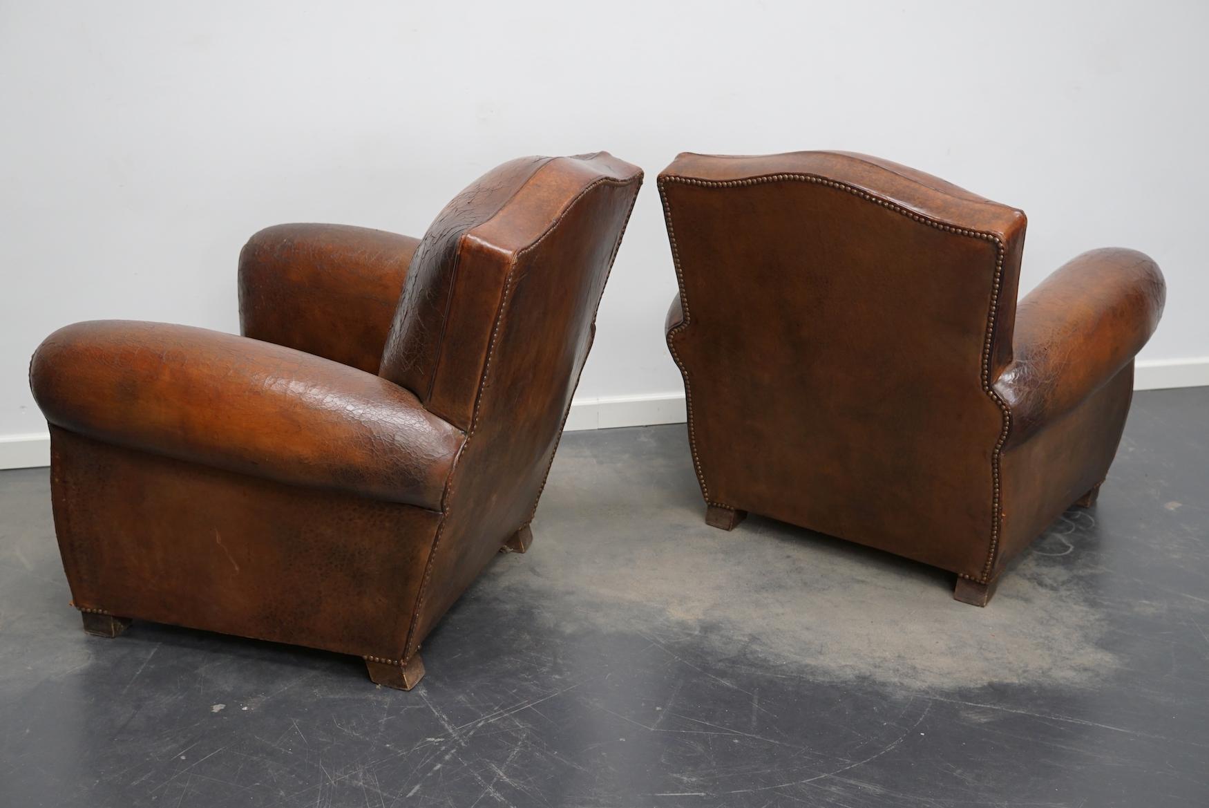 Pair of French Cognac Moustache Back Leather Club Chairs, 1940s 2