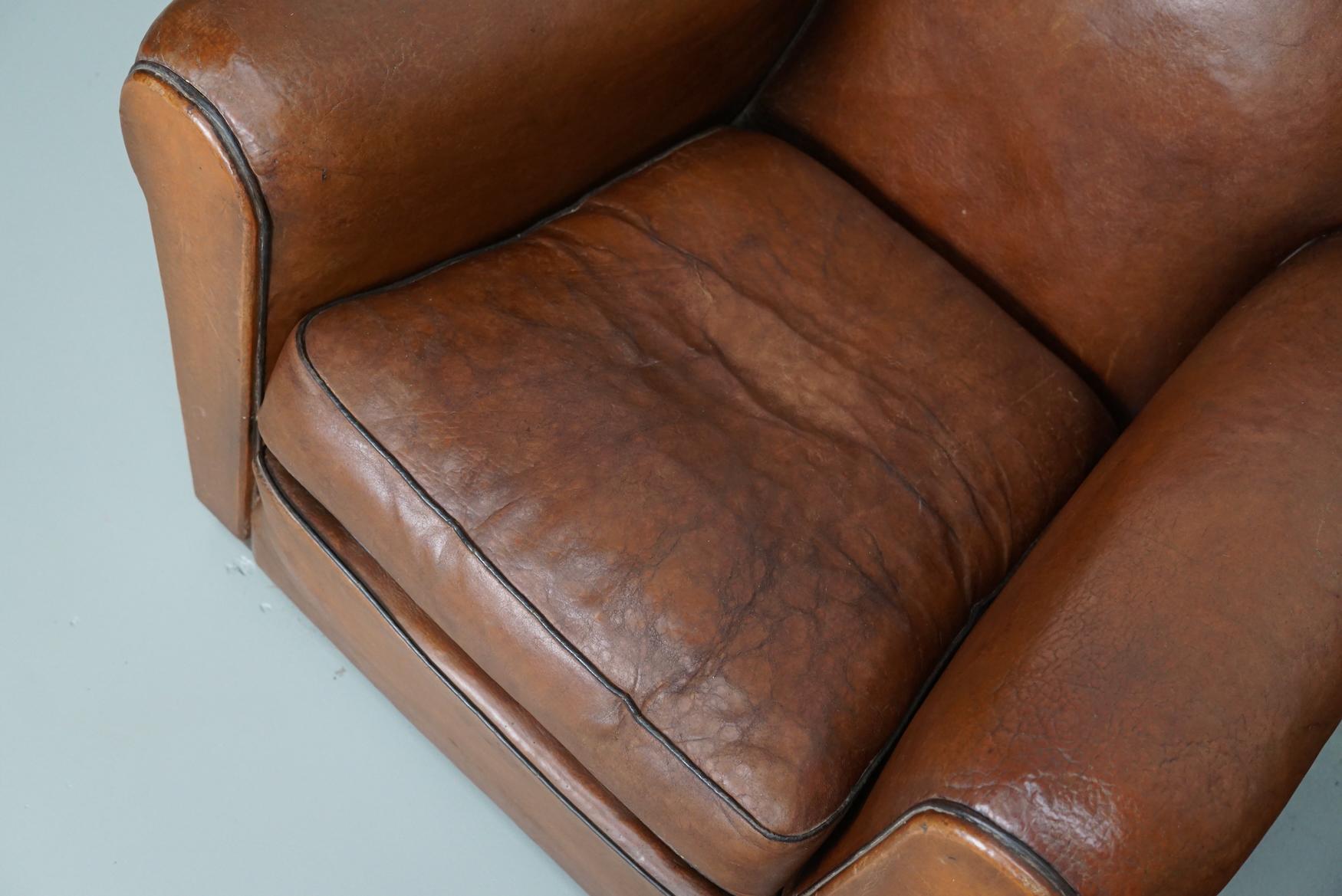 Pair of French Cognac Moustache Back Leather Club Chairs, 1940s For Sale 2