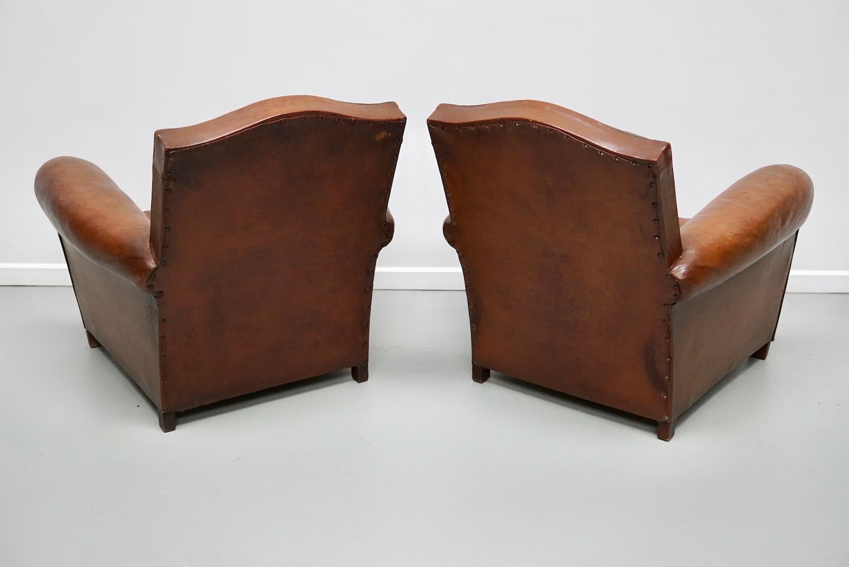 Pair of French Cognac Moustache Back Leather Club Chairs, 1940s For Sale 3