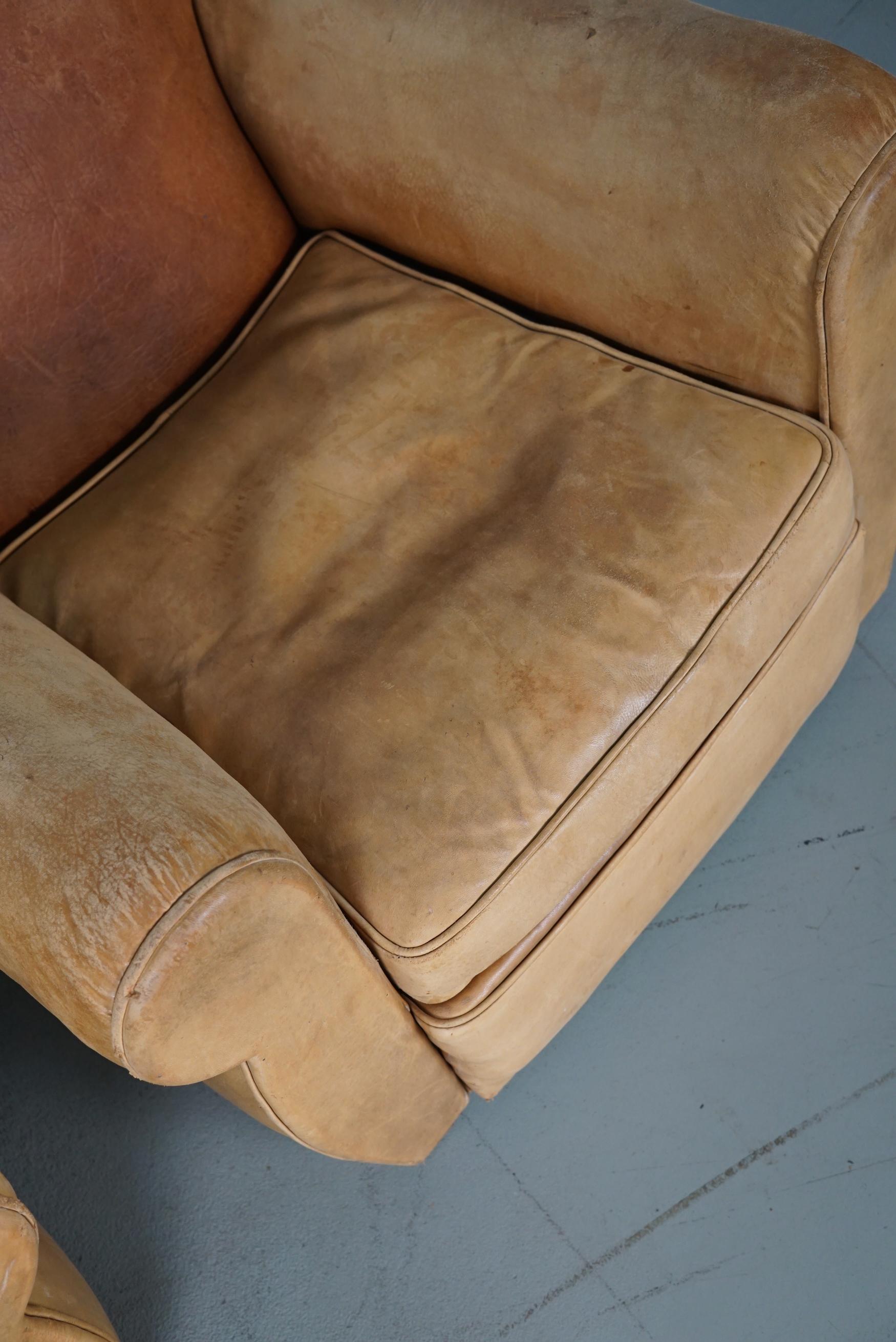Pair of French Cognac Moustache Back Leather Club Chairs, 1940s For Sale 3