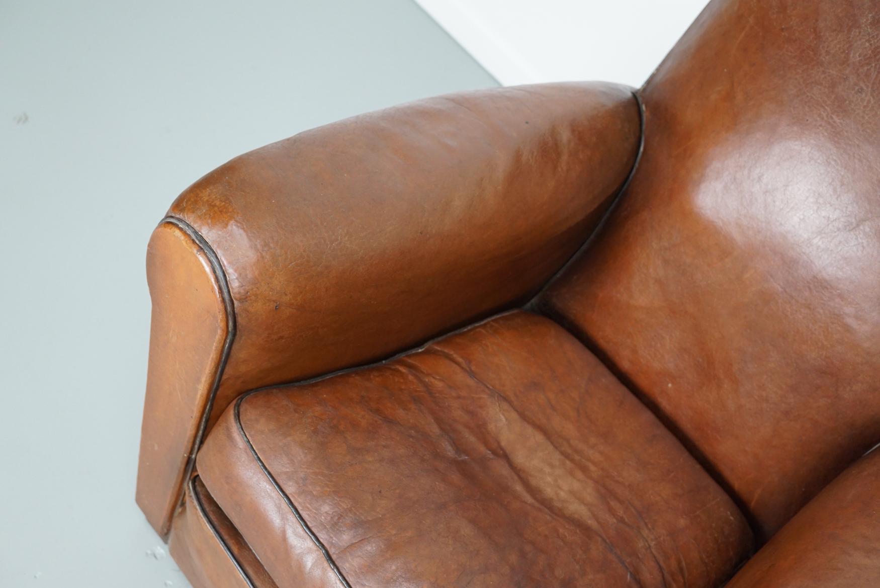 Pair of French Cognac Moustache Back Leather Club Chairs, 1940s For Sale 3