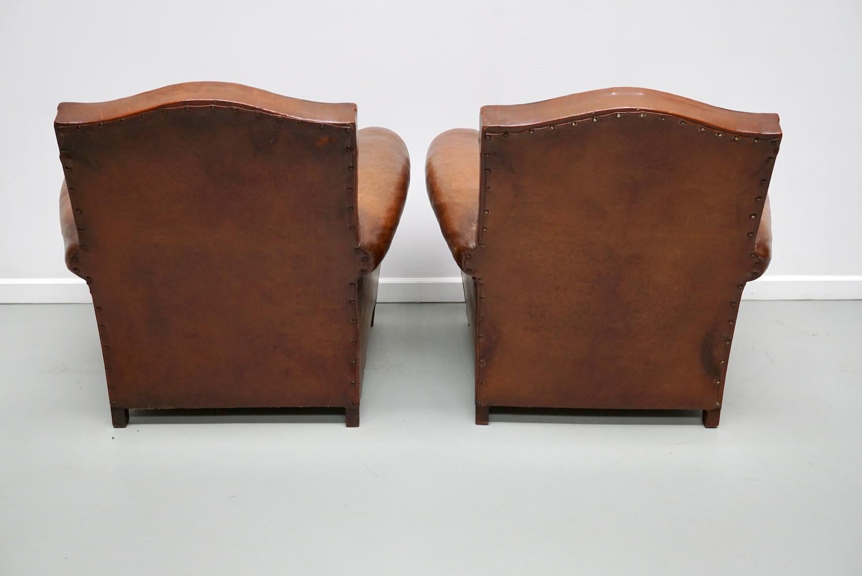 Pair of French Cognac Moustache Back Leather Club Chairs, 1940s For Sale 4