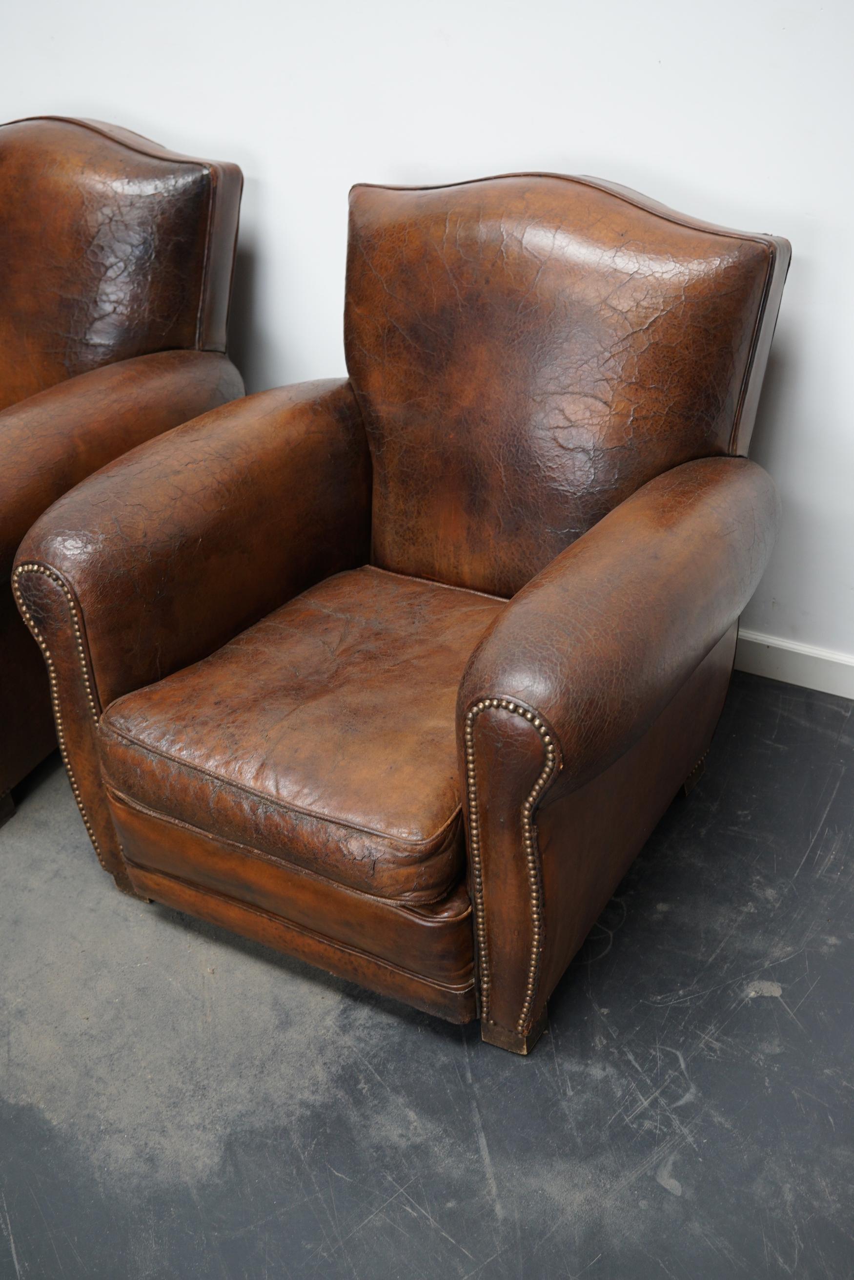 Pair of French Cognac Moustache Back Leather Club Chairs, 1940s 4