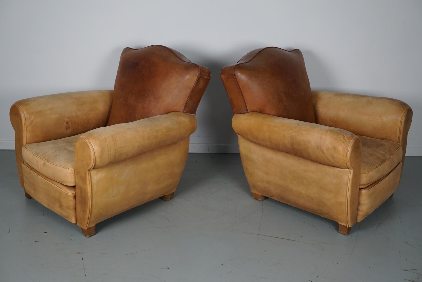  Pair of French Cognac Moustache Back Leather Club Chairs, 1940s For Sale 5