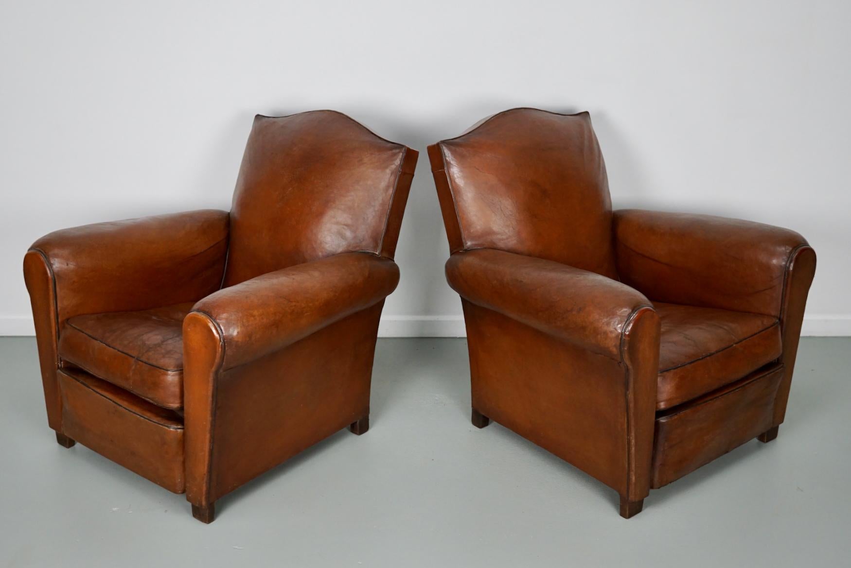 Pair of French Cognac Moustache Back Leather Club Chairs, 1940s 4