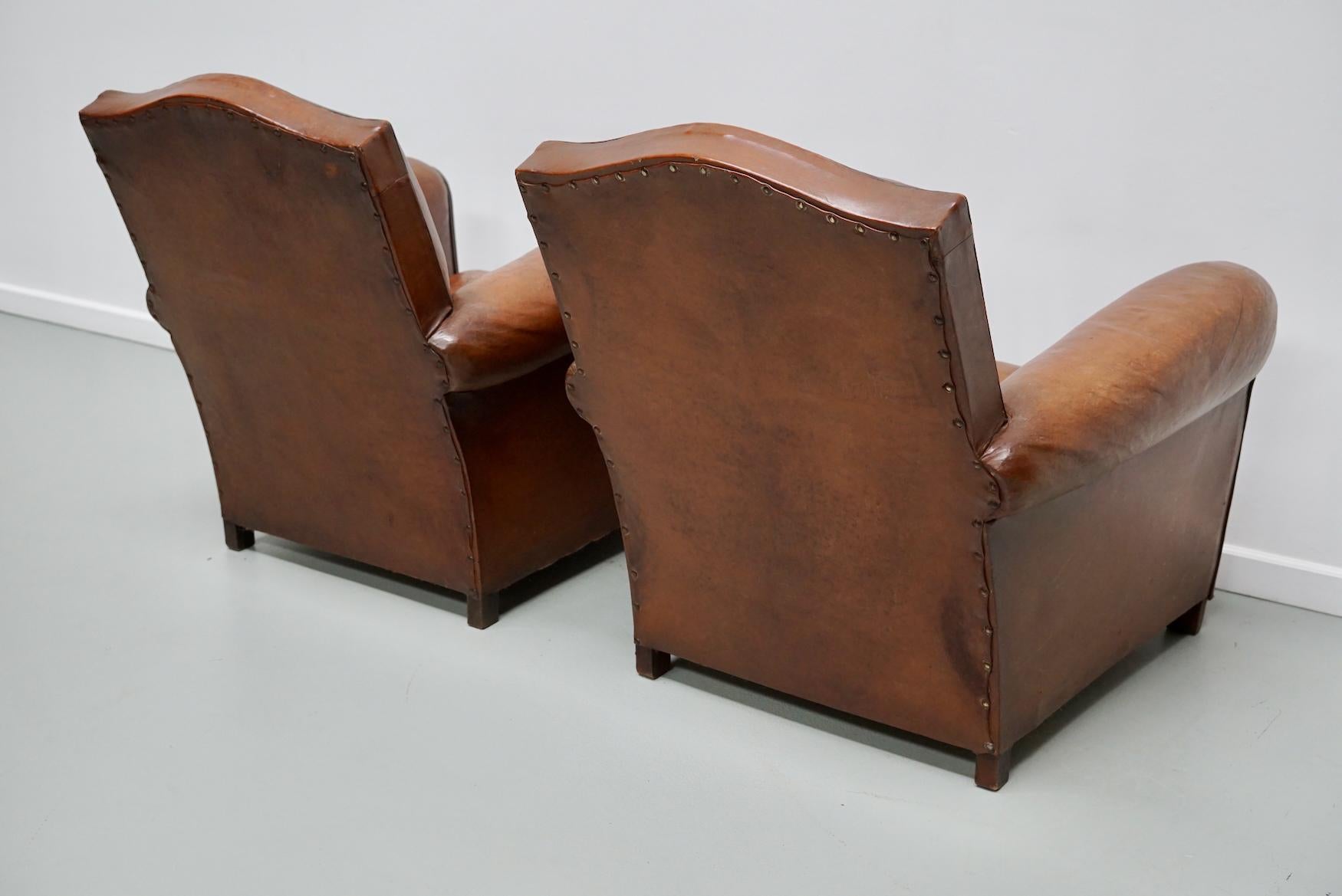 Pair of French Cognac Moustache Back Leather Club Chairs, 1940s For Sale 5