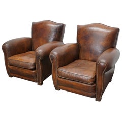 Pair of French Cognac Moustache Back Leather Club Chairs, 1940s