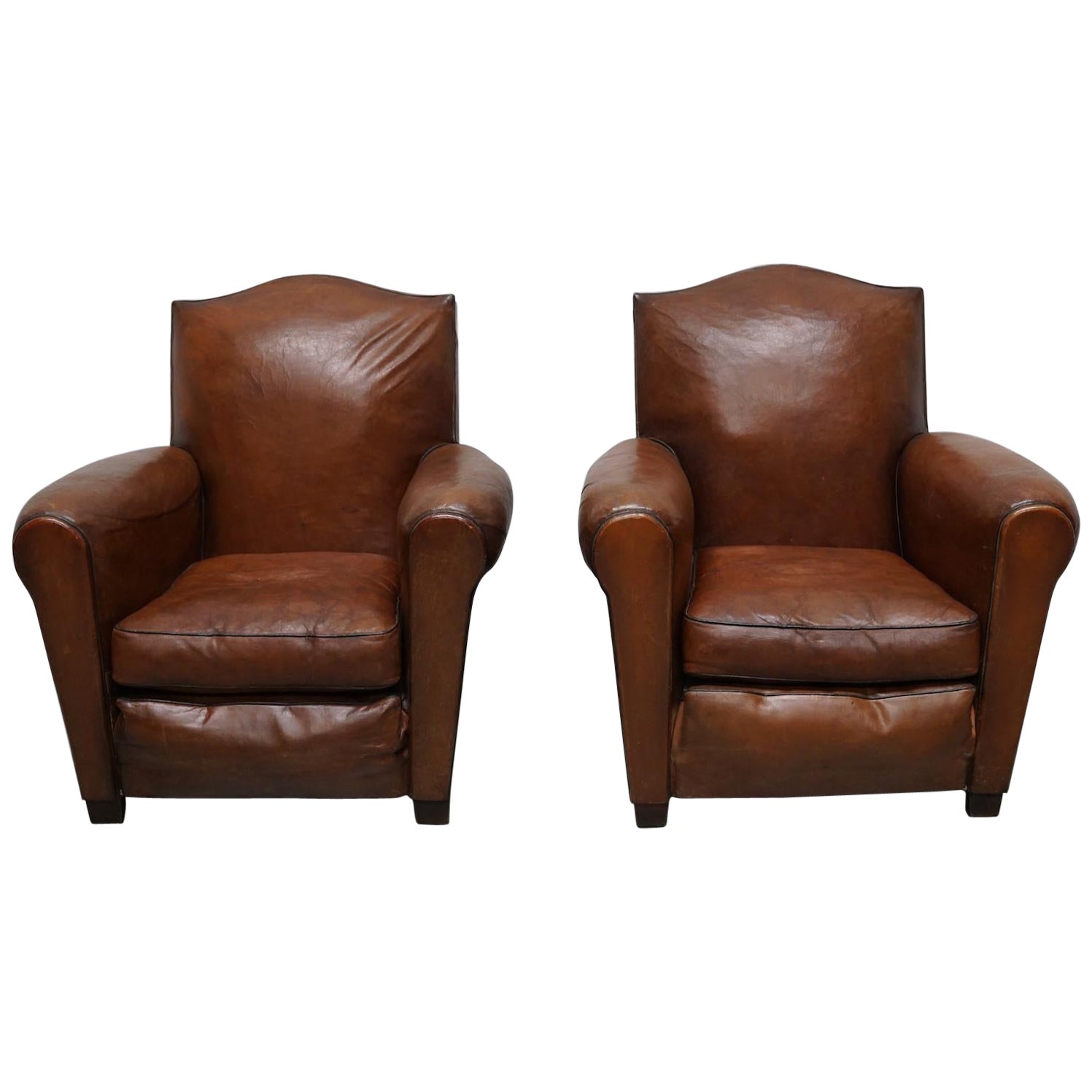 Pair of French Cognac Moustache Back Leather Club Chairs, 1940s