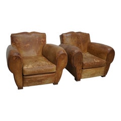 Pair of French Cognac Moustache Back Leather Club Chairs, 1940s