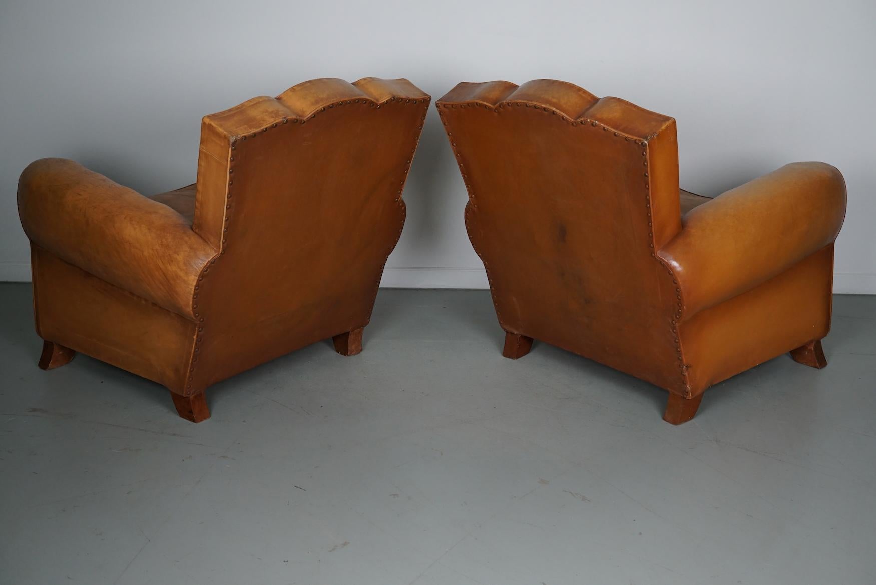 Pair of French Cognac Moustache Back Leather Club Chairs, 1950s For Sale 5