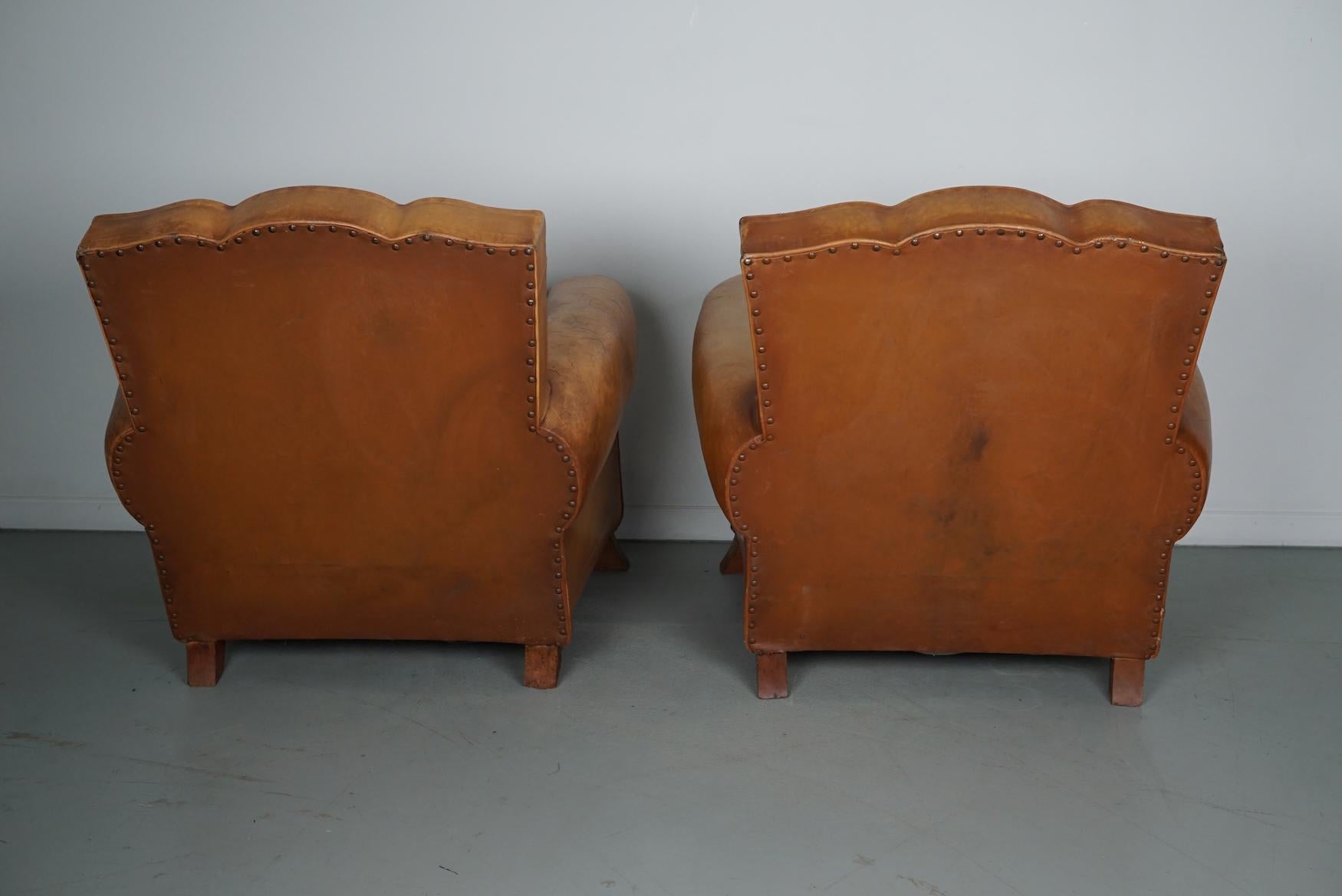 Pair of French Cognac Moustache Back Leather Club Chairs, 1950s For Sale 6