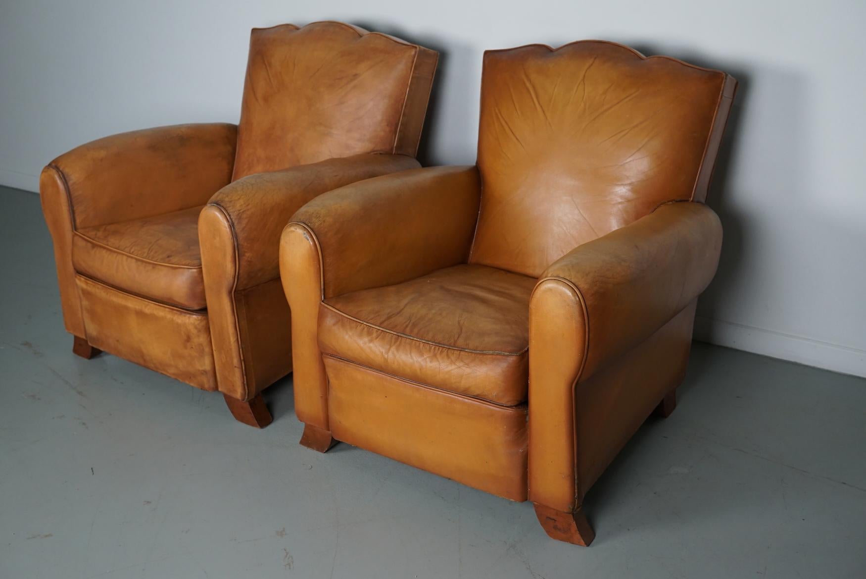 Pair of French Cognac Moustache Back Leather Club Chairs, 1950s For Sale 7
