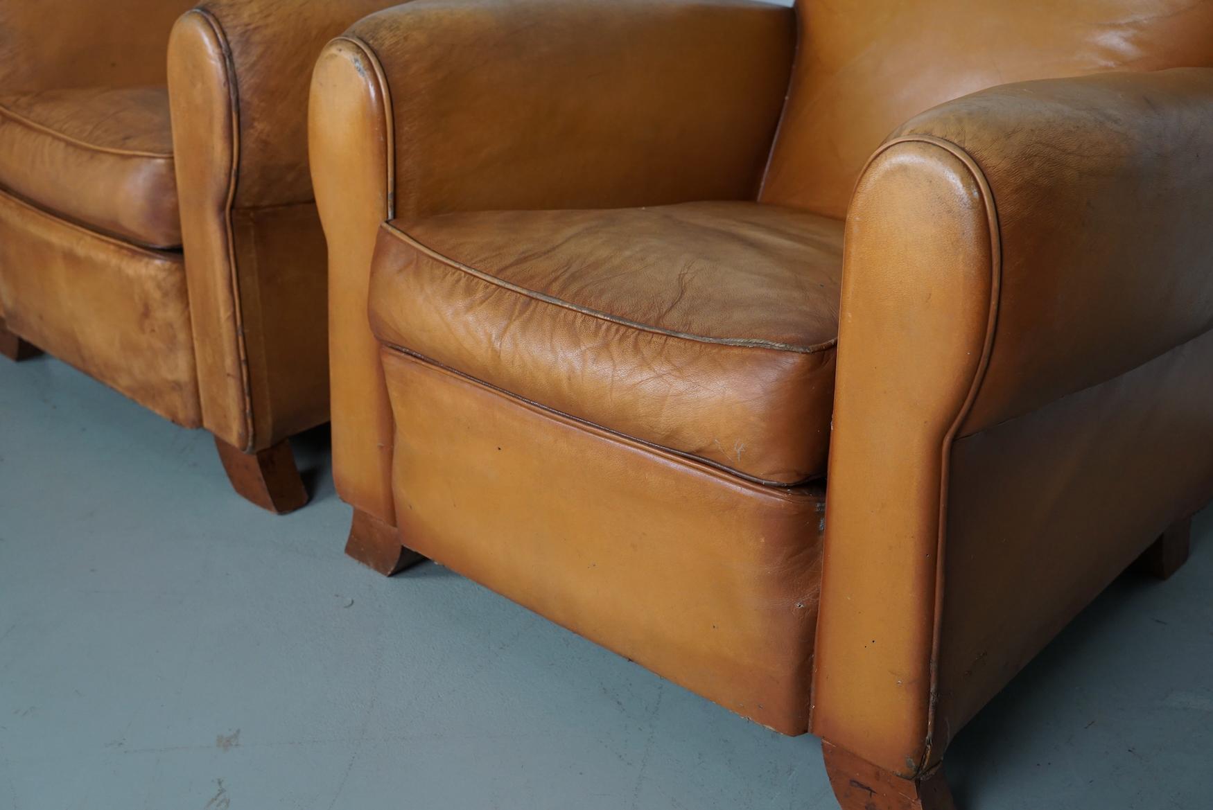 Pair of French Cognac Moustache Back Leather Club Chairs, 1950s For Sale 8