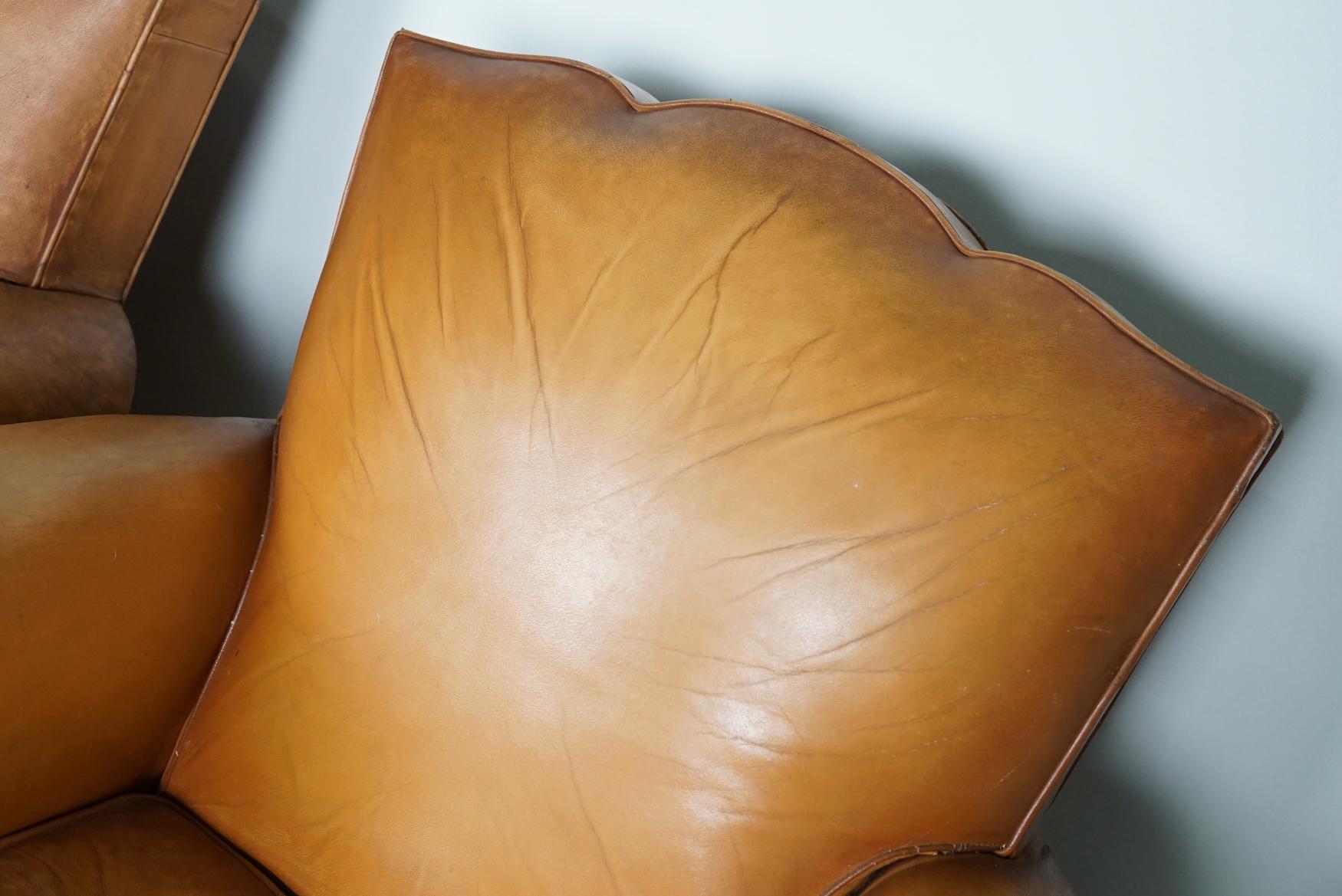Pair of French Cognac Moustache Back Leather Club Chairs, 1950s For Sale 9