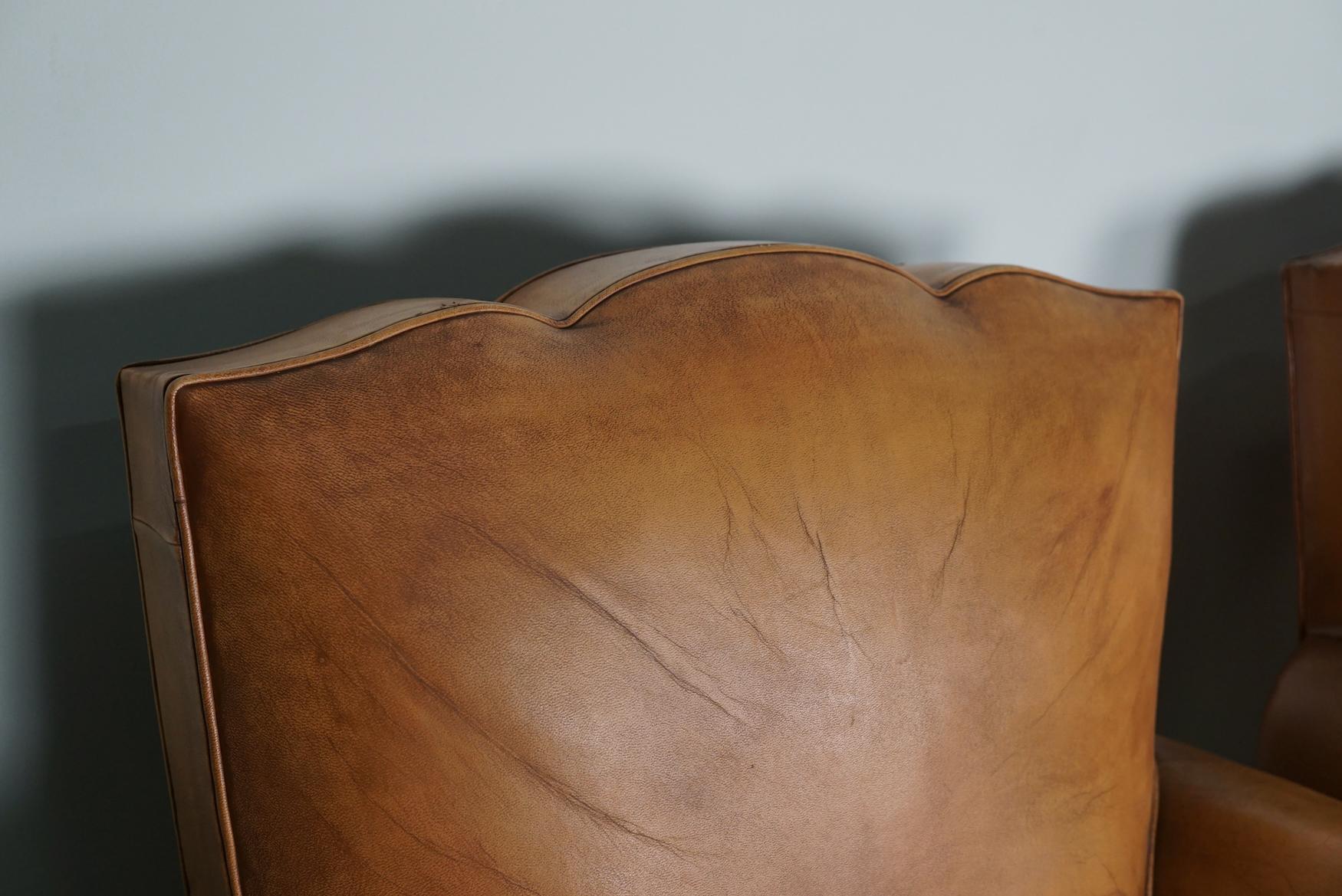 Pair of French Cognac Moustache Back Leather Club Chairs, 1950s For Sale 12