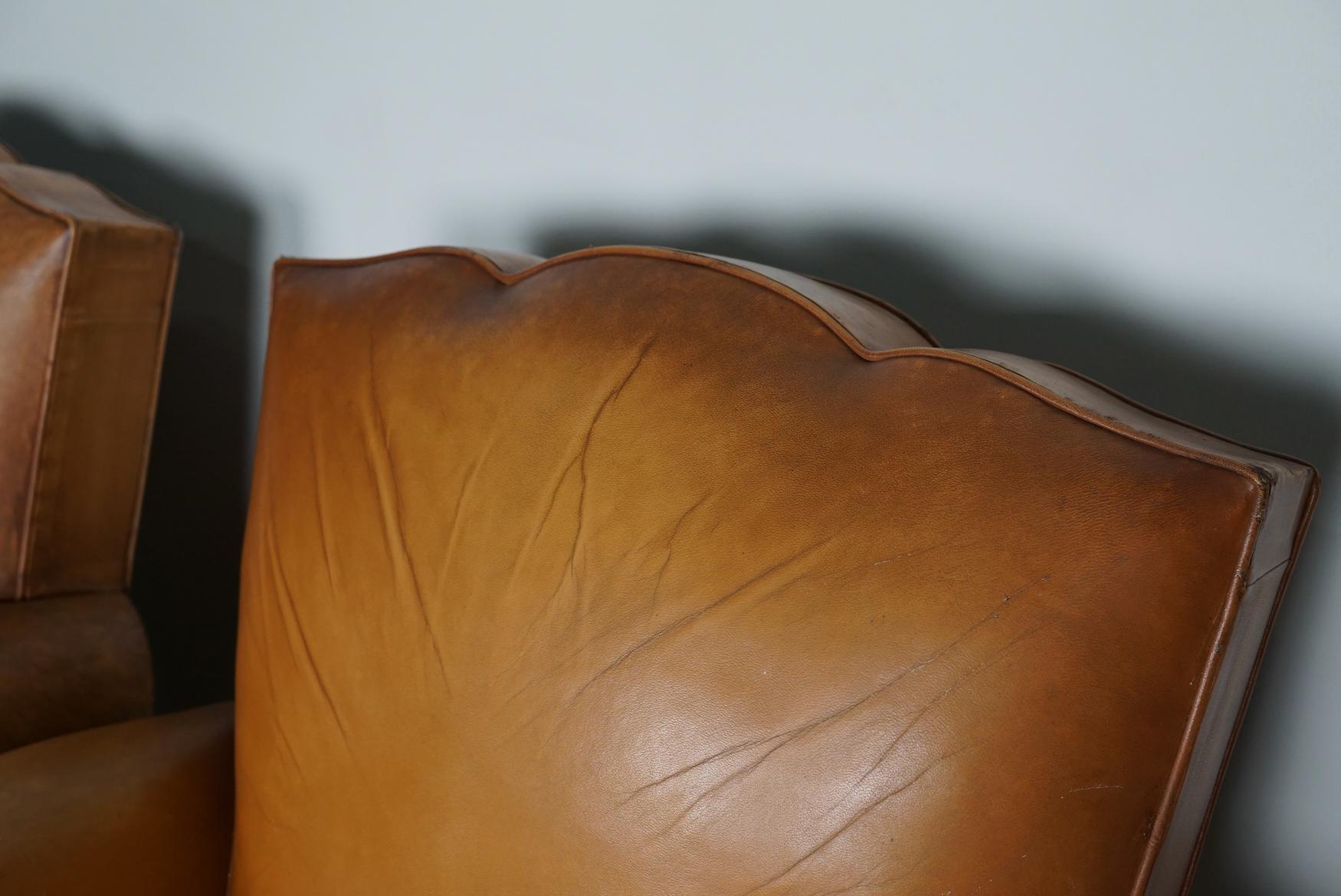 Pair of French Cognac Moustache Back Leather Club Chairs, 1950s For Sale 13