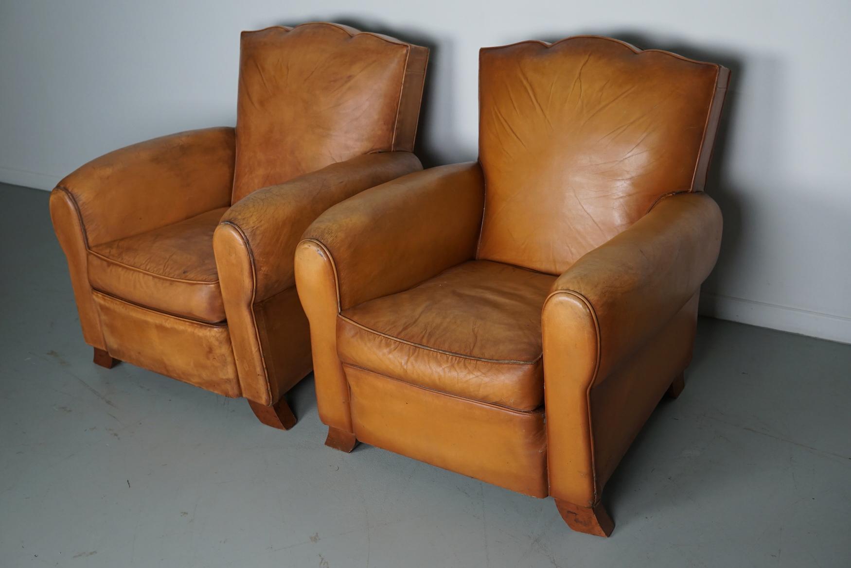 Pair of French Cognac Moustache Back Leather Club Chairs, 1950s For Sale 14