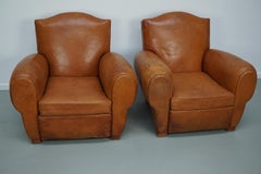 Pair of French Cognac Moustache Back Leather Club Chairs, 1950s