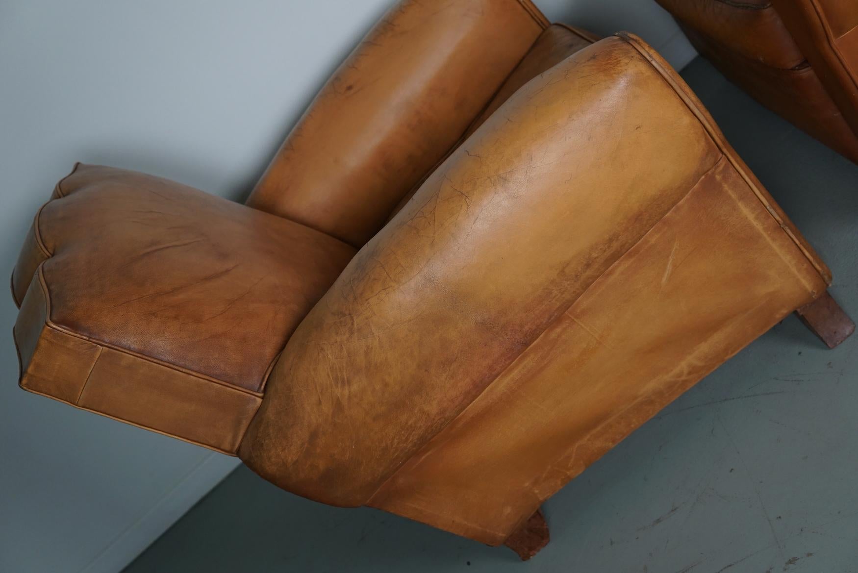 Pair of French Cognac Moustache Back Leather Club Chairs, 1950s In Good Condition For Sale In Nijmegen, NL
