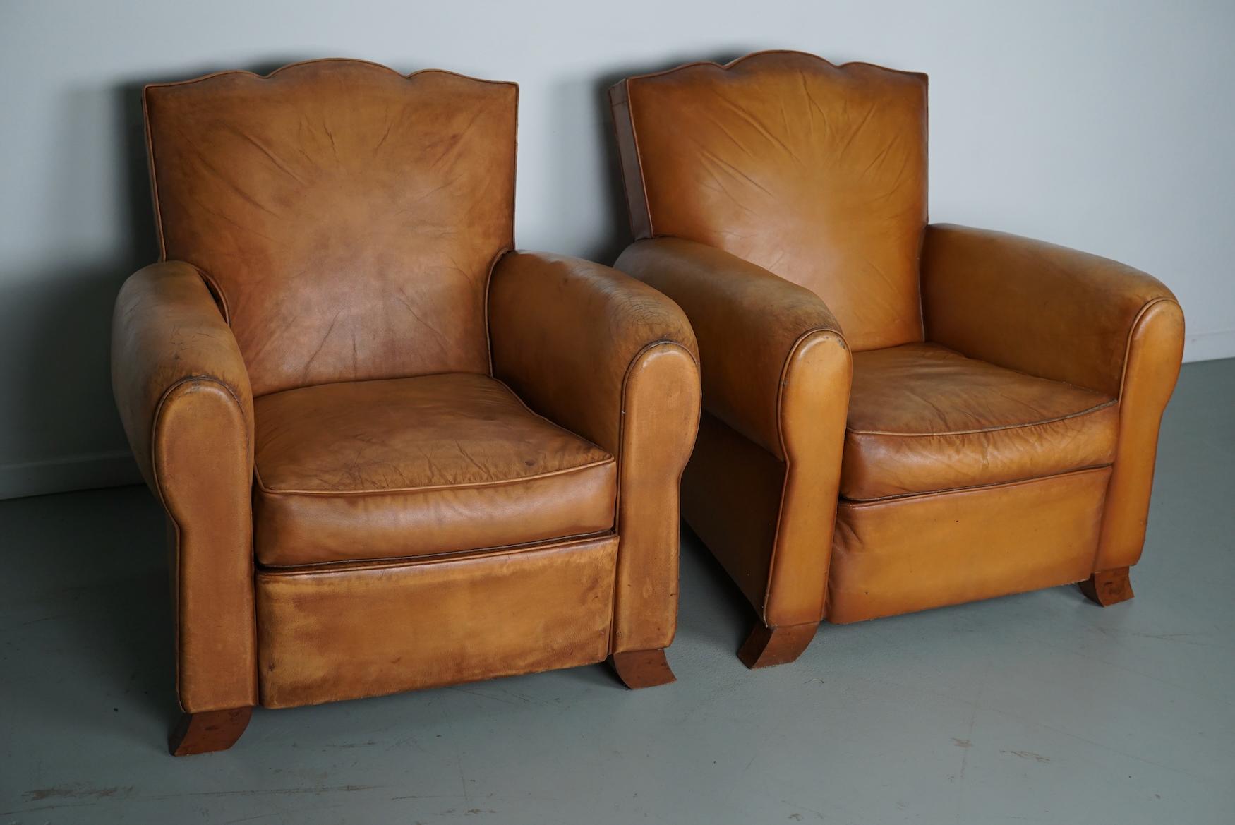 Pair of French Cognac Moustache Back Leather Club Chairs, 1950s 1