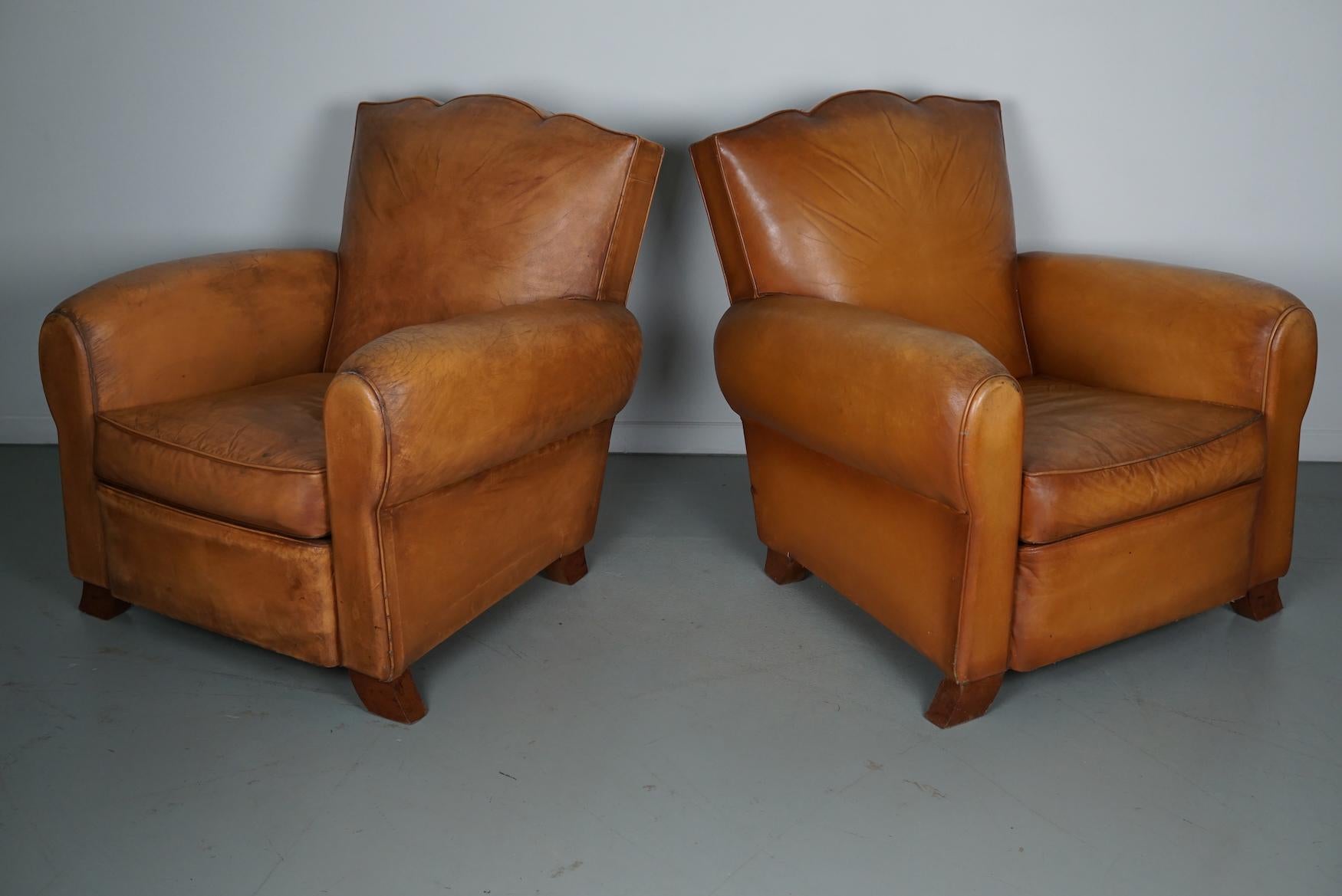 Pair of French Cognac Moustache Back Leather Club Chairs, 1950s For Sale 1