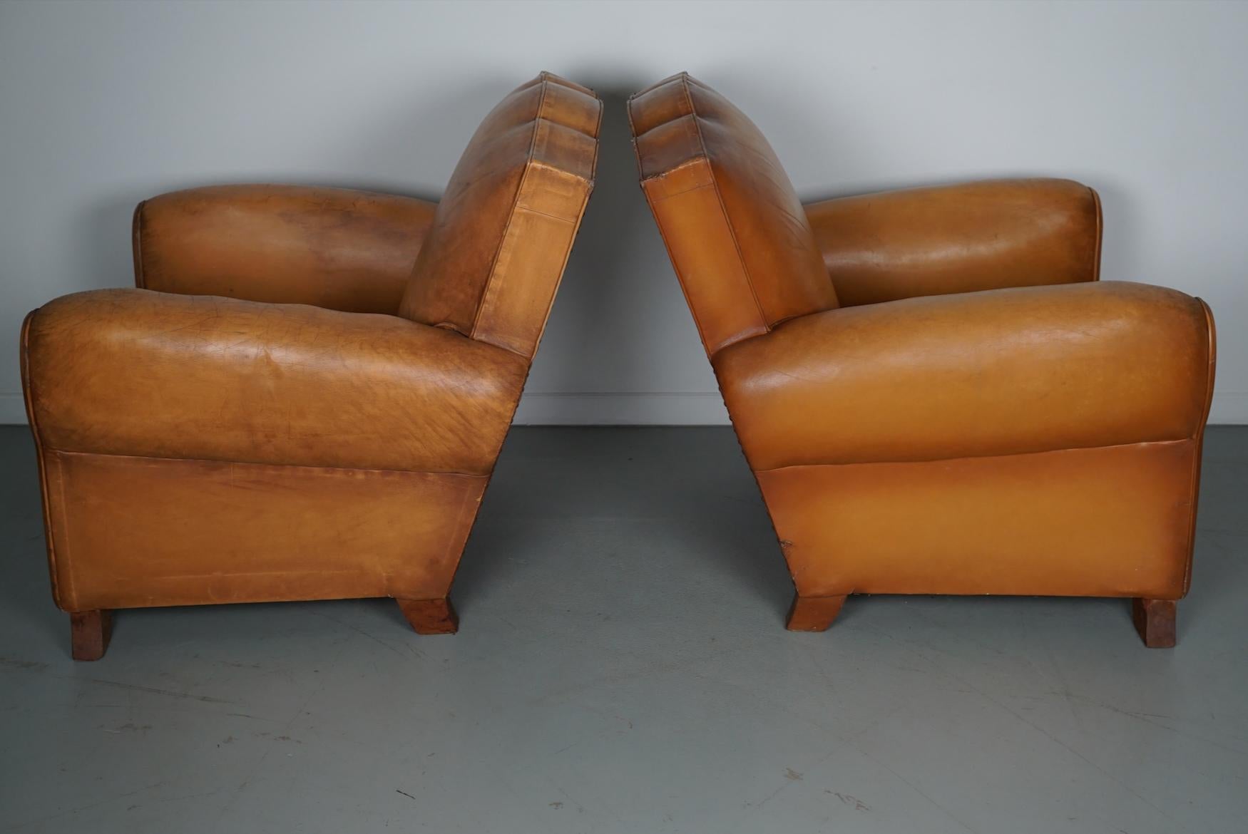 Pair of French Cognac Moustache Back Leather Club Chairs, 1950s For Sale 2