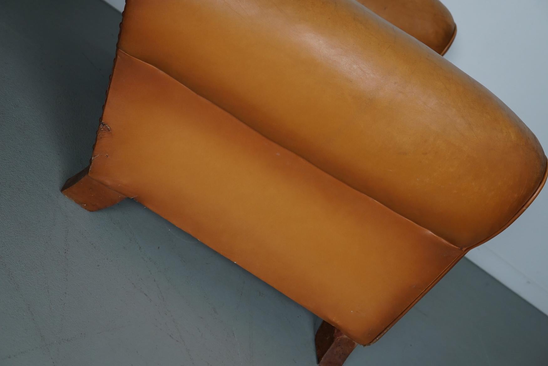 Pair of French Cognac Moustache Back Leather Club Chairs, 1950s For Sale 3