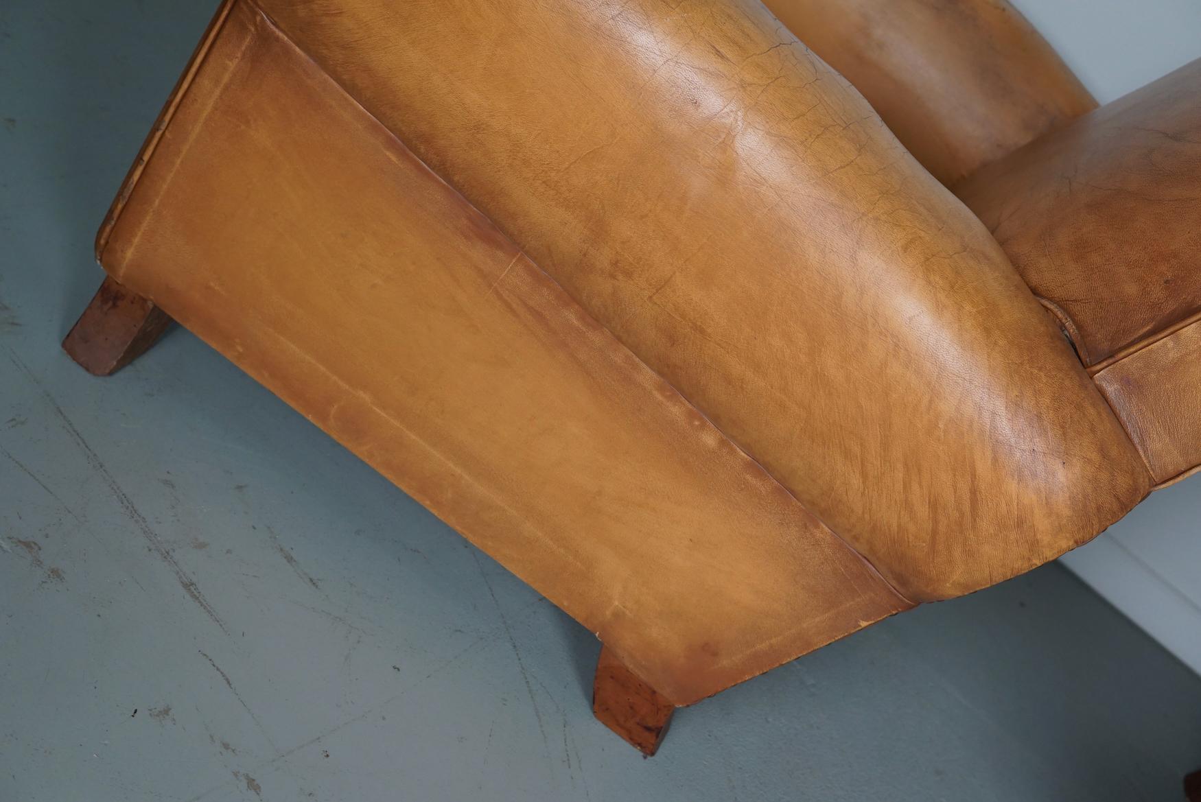Pair of French Cognac Moustache Back Leather Club Chairs, 1950s For Sale 4