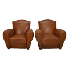 Pair of French Cognac Moustache Back Leather Club Chairs, 1950s