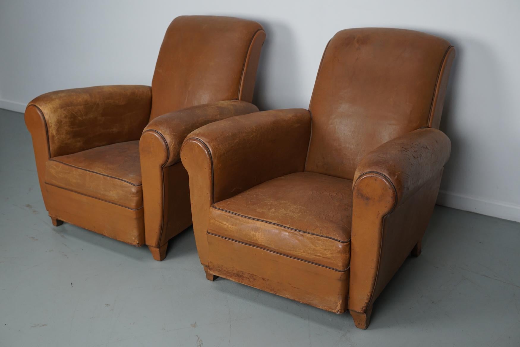 Pair of French Cognac Vintage Leather Club Chairs, 1950s For Sale 5