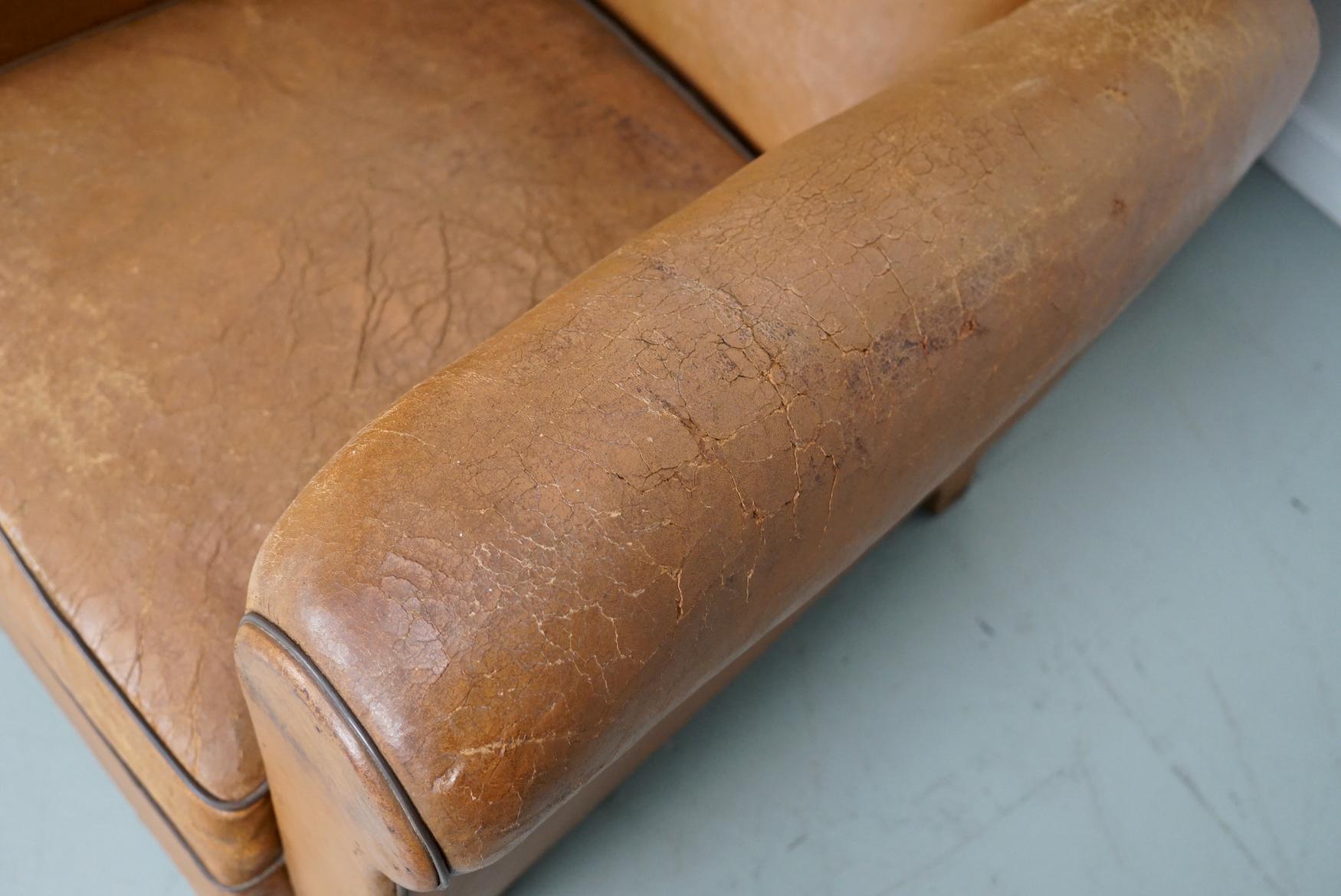 Pair of French Cognac Vintage Leather Club Chairs, 1950s For Sale 6