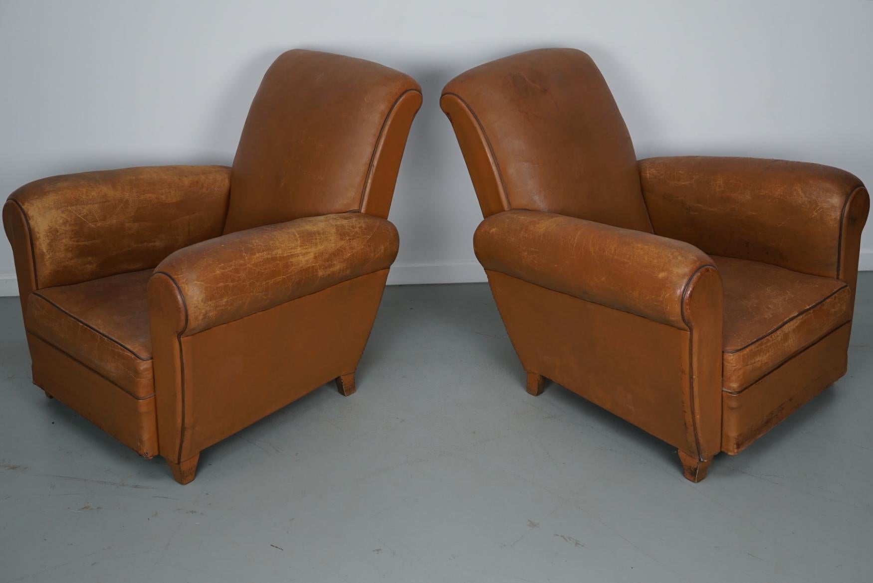 Pair of French Cognac Vintage Leather Club Chairs, 1950s For Sale 9