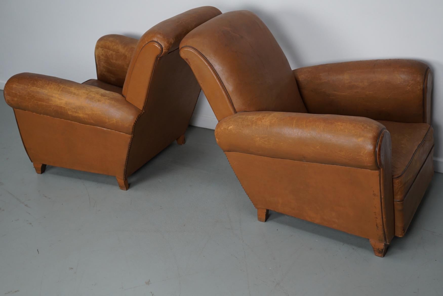 Pair of French Cognac Vintage Leather Club Chairs, 1950s For Sale 10