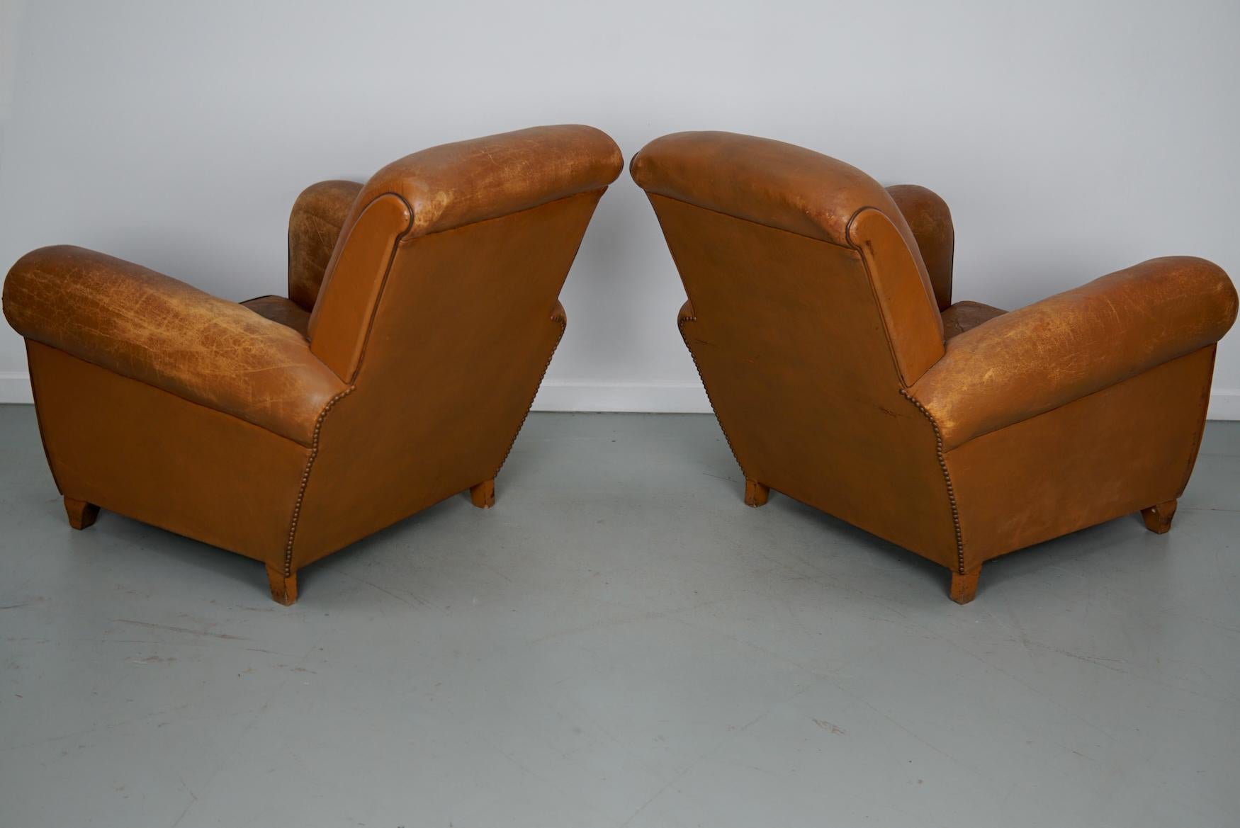 Pair of French Cognac Vintage Leather Club Chairs, 1950s For Sale 11