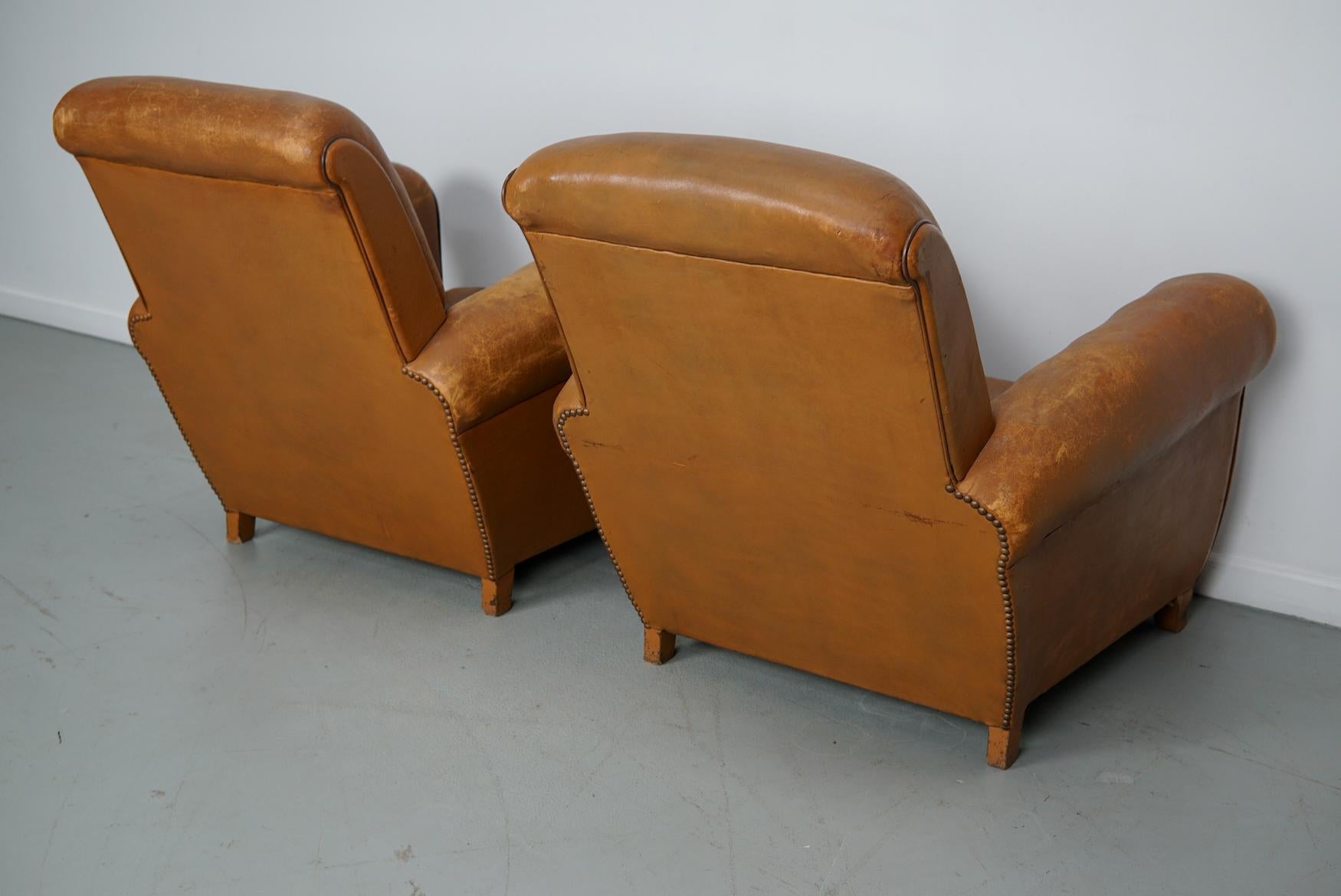 Pair of French Cognac Vintage Leather Club Chairs, 1950s For Sale 12