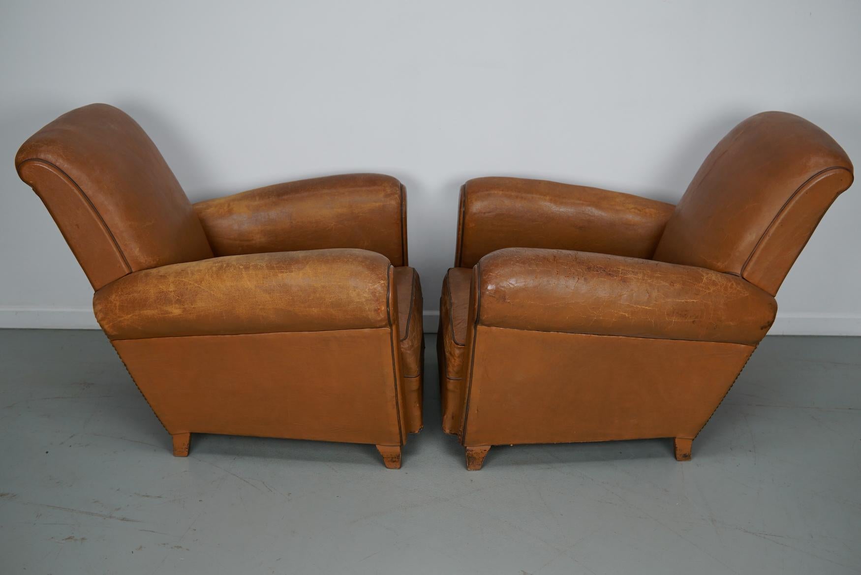 Pair of French Cognac Vintage Leather Club Chairs, 1950s For Sale 14