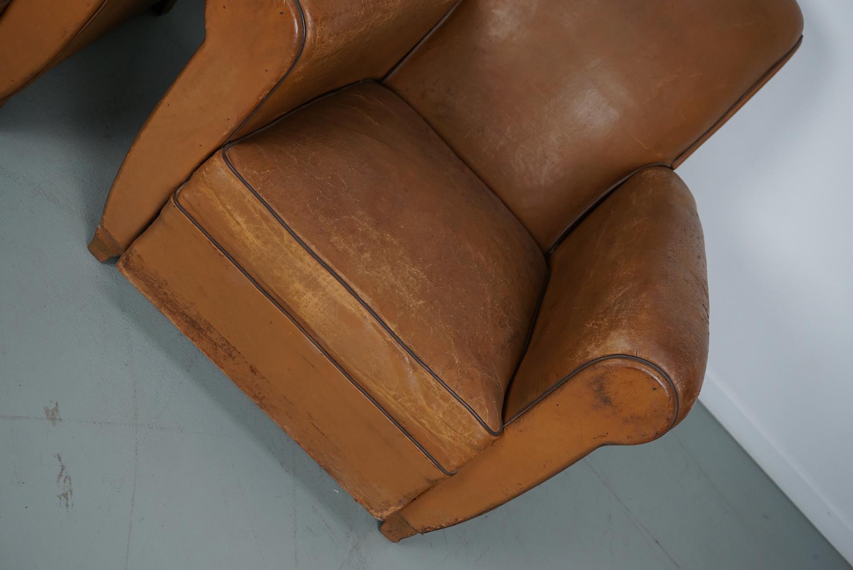 Industrial Pair of French Cognac Vintage Leather Club Chairs, 1950s For Sale