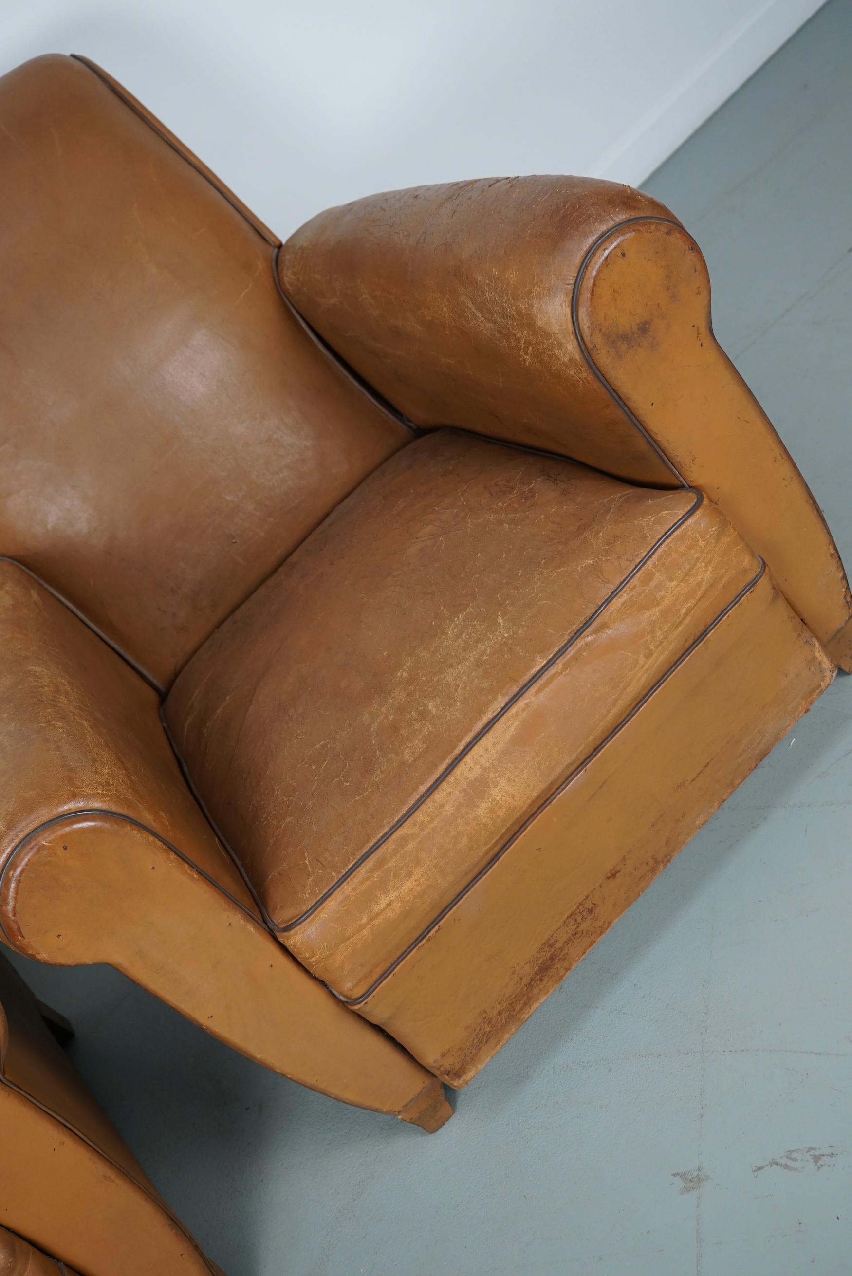 Pair of French Cognac Vintage Leather Club Chairs, 1950s In Good Condition For Sale In Nijmegen, NL