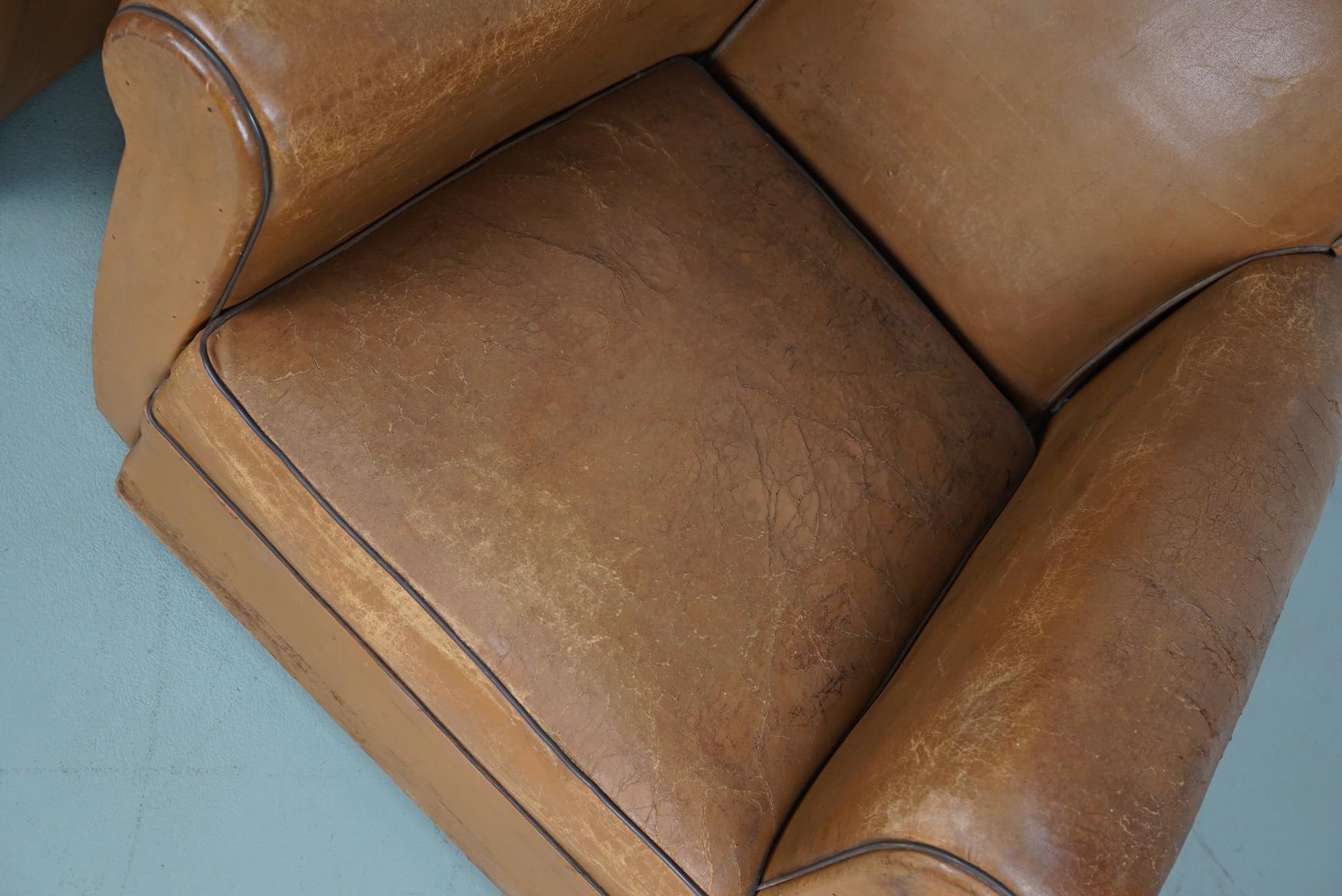 Mid-20th Century Pair of French Cognac Vintage Leather Club Chairs, 1950s For Sale